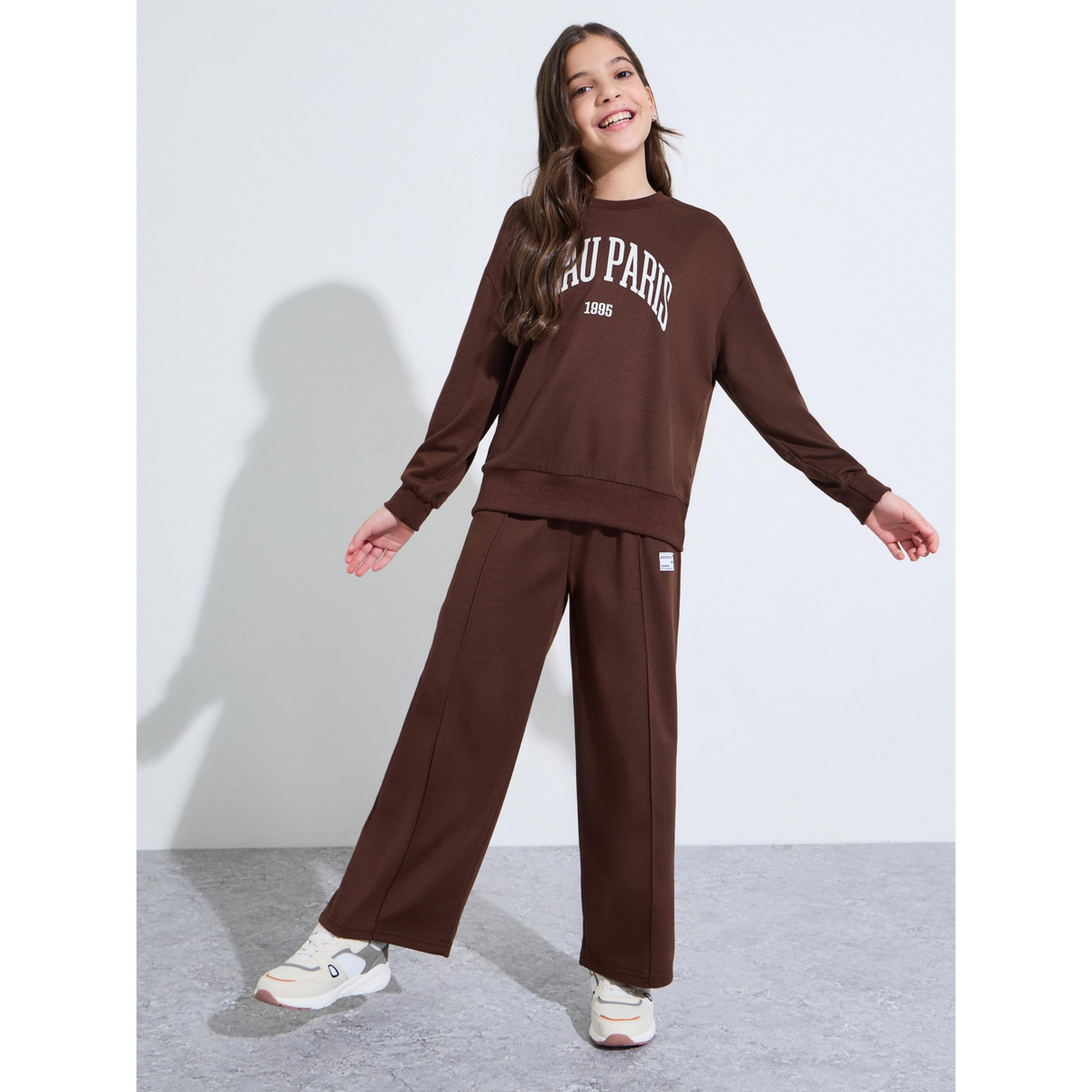 Styli Teen Girls Brown Slogan Print Oversized Sweatshirt and Wide Leg Joggers Set-girls-clothing-setsandcoords-image-1