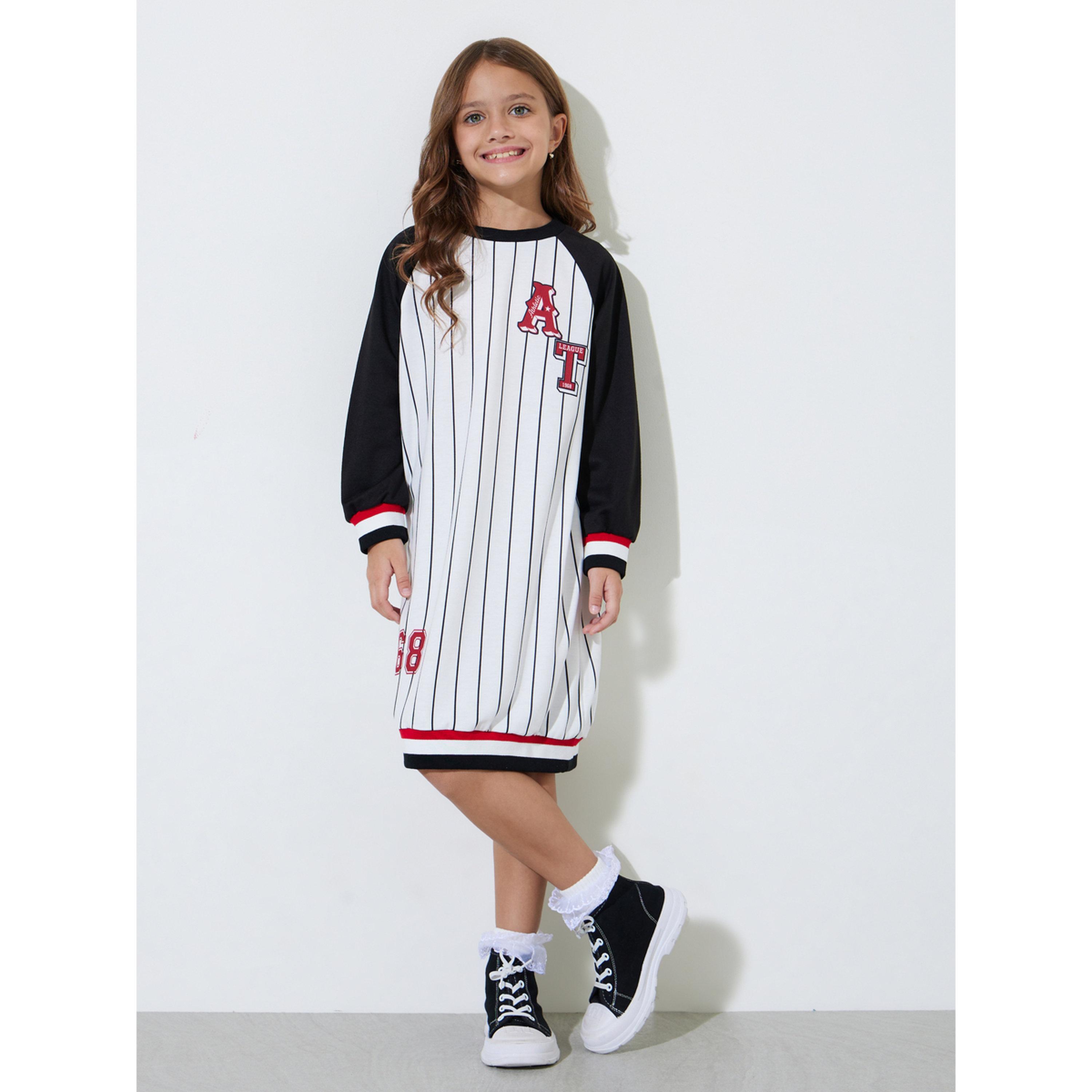 Styli Girls White Striped Contrast Sleeves Regular Fit Midi Dress-girls-clothing-dressesandjumpsuits-image-1