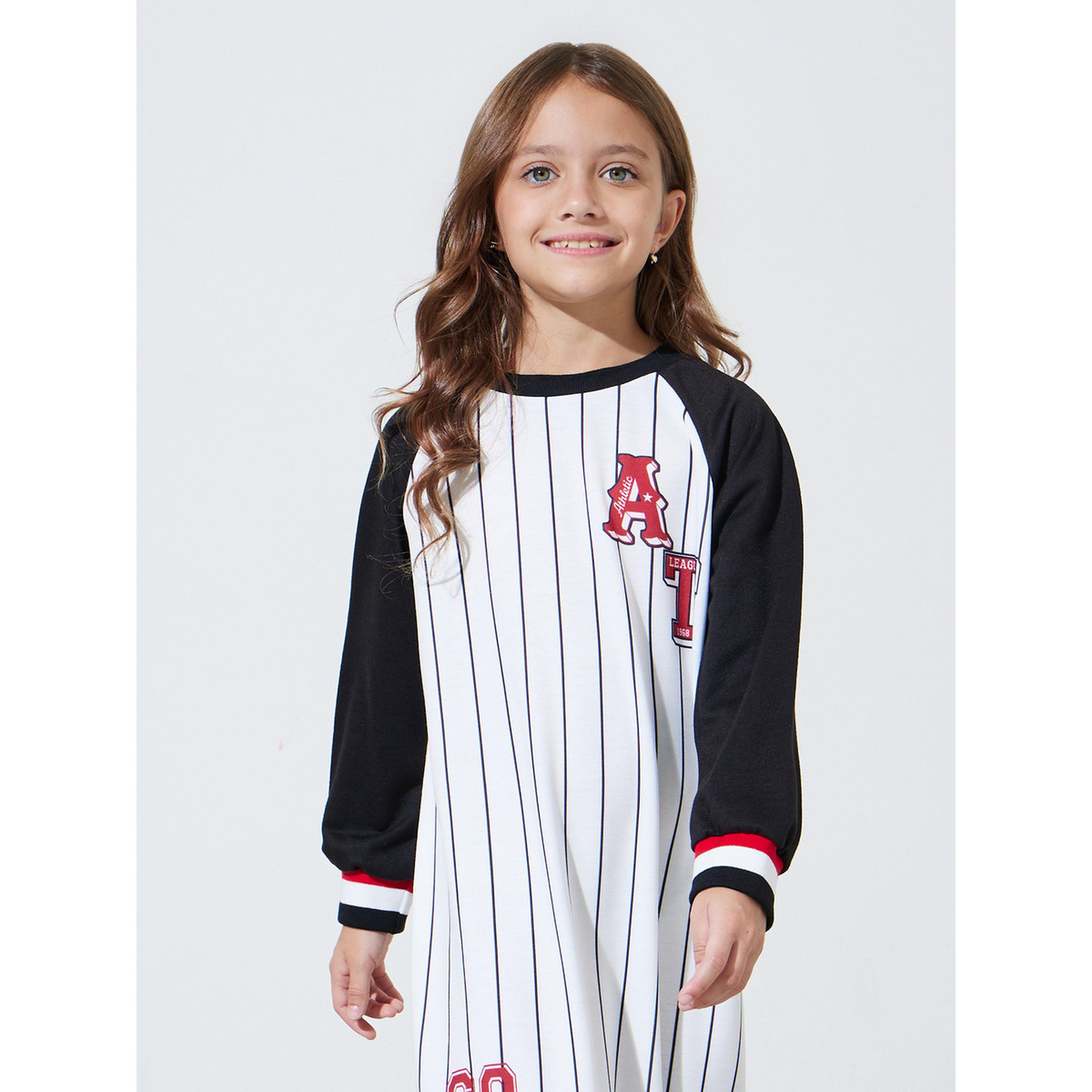 Styli Girls White Striped Contrast Sleeves Regular Fit Midi Dress-girls-clothing-dressesandjumpsuits-image-2