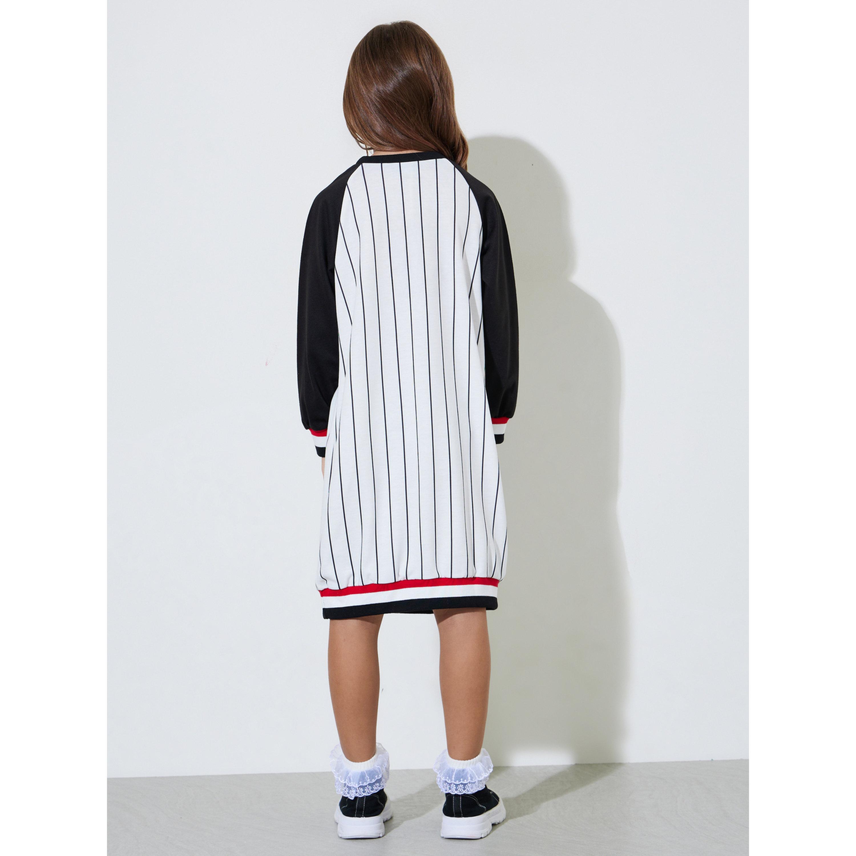 Styli Girls White Striped Contrast Sleeves Regular Fit Midi Dress-girls-clothing-dressesandjumpsuits-image-3