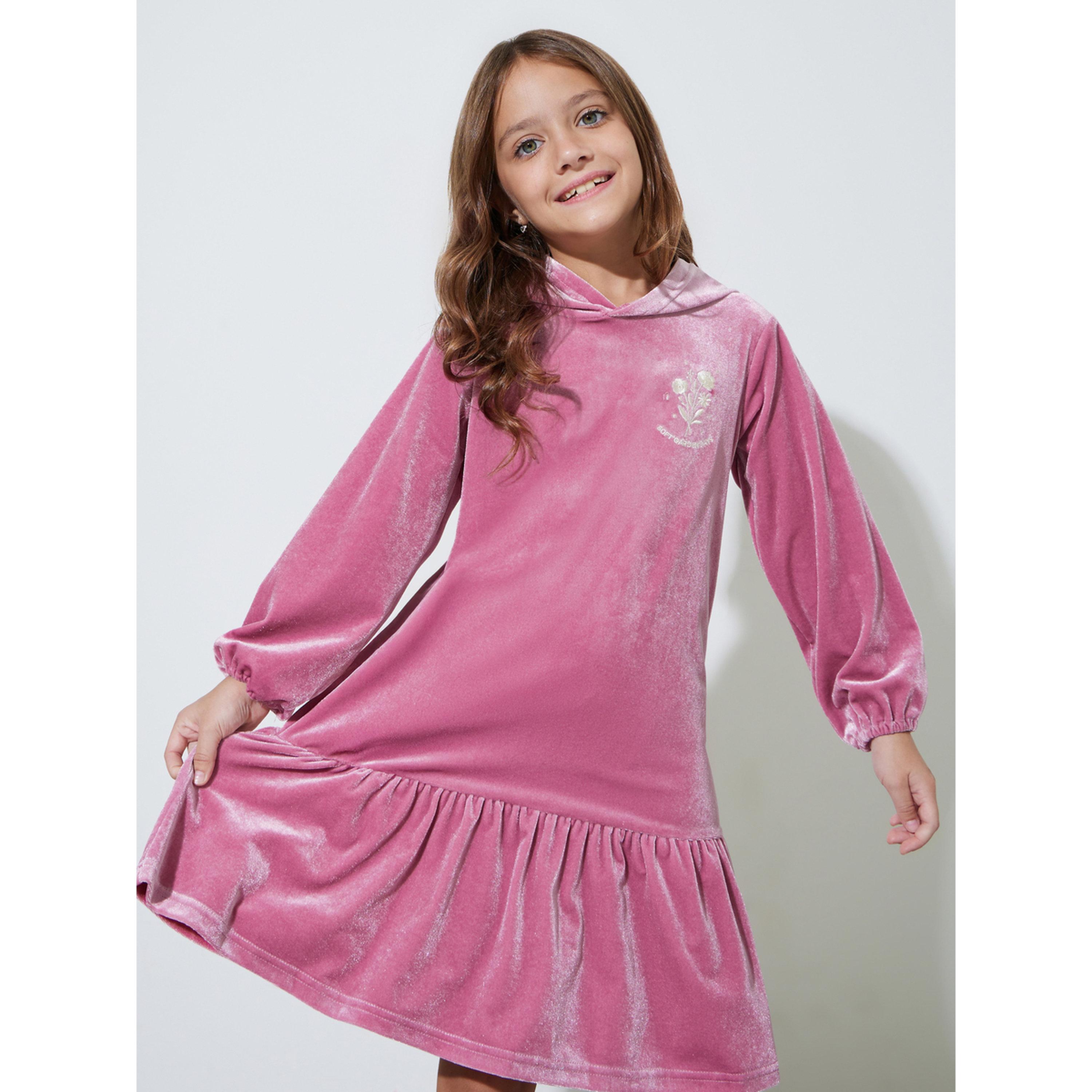 فستان ميدي بقبعة وتطريز وتفاصيل كشكشة للبنات باللون الوردي-girls-clothing-dressesandjumpsuits-image-2