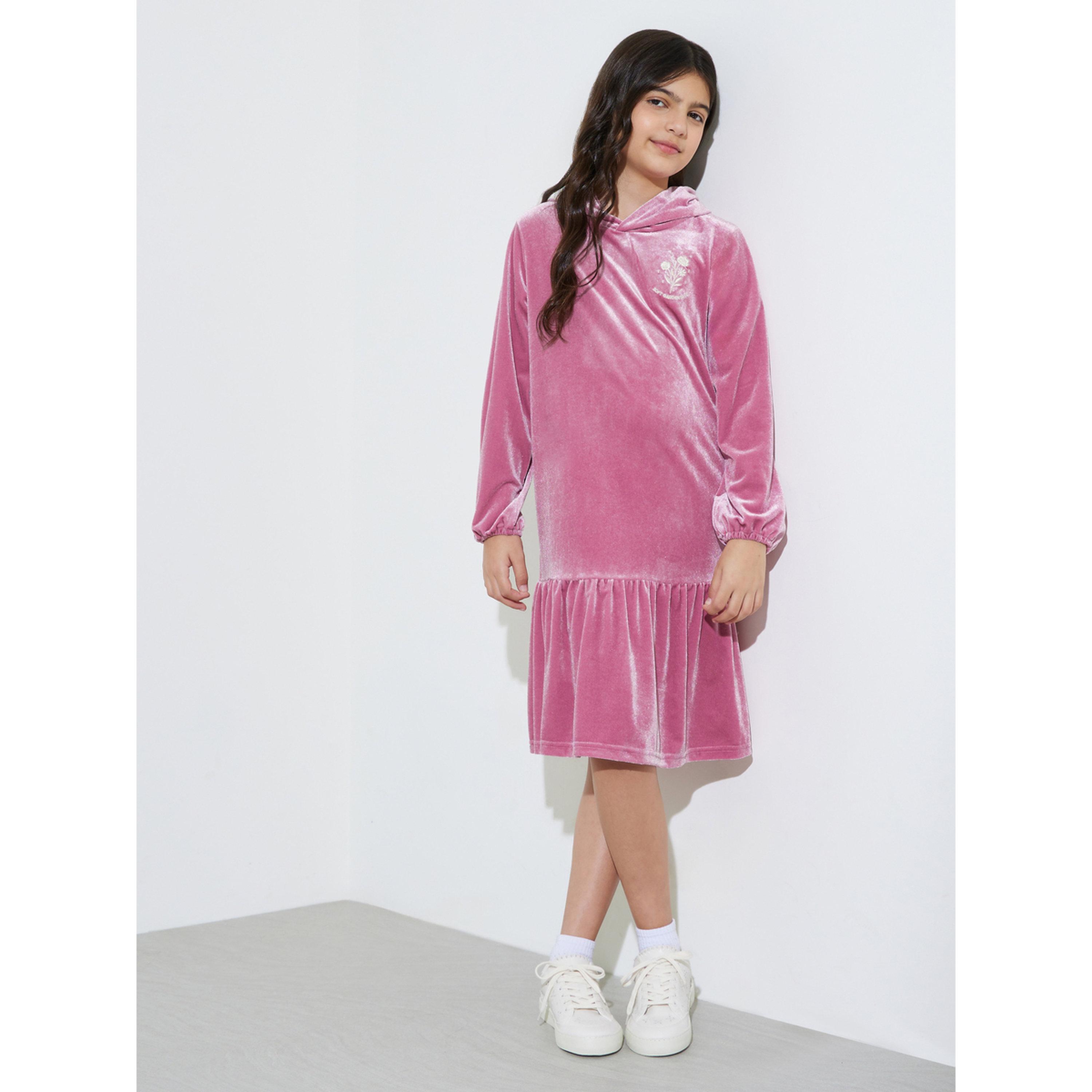 Styli Teen Girls Pink Embroidered Ruffle Details Hooded Midi Dress-girls-clothing-dressesandjumpsuits-image-2