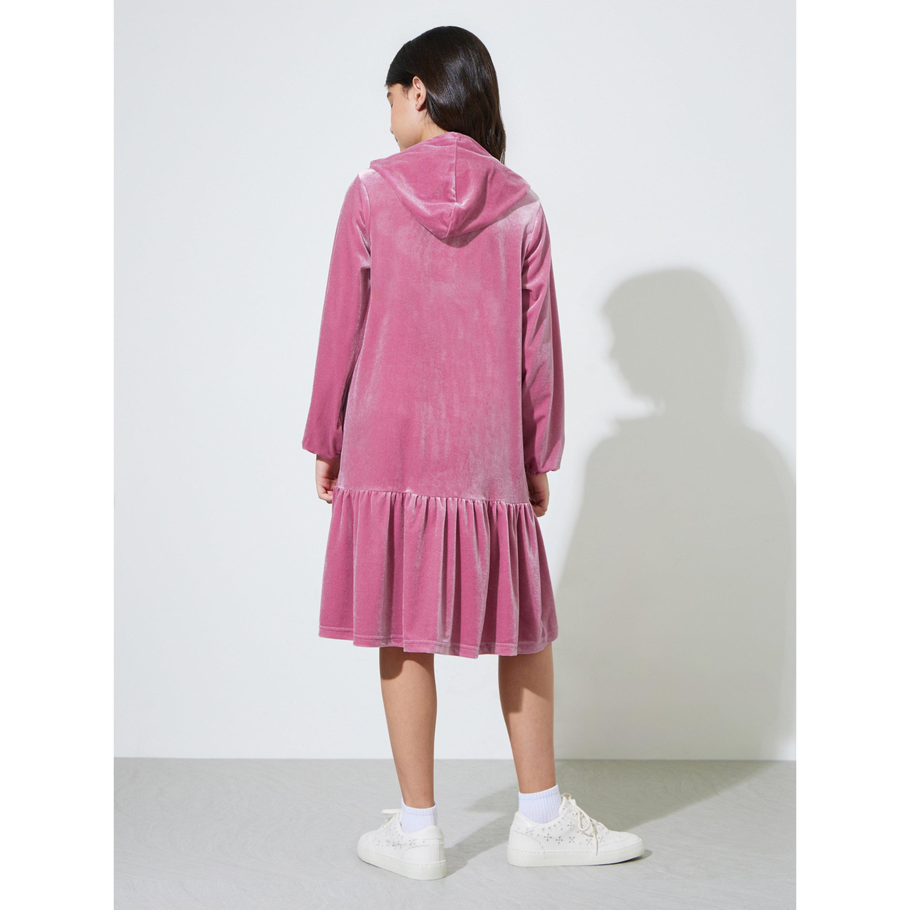 Styli Teen Girls Pink Embroidered Ruffle Details Hooded Midi Dress-girls-clothing-dressesandjumpsuits-image-3