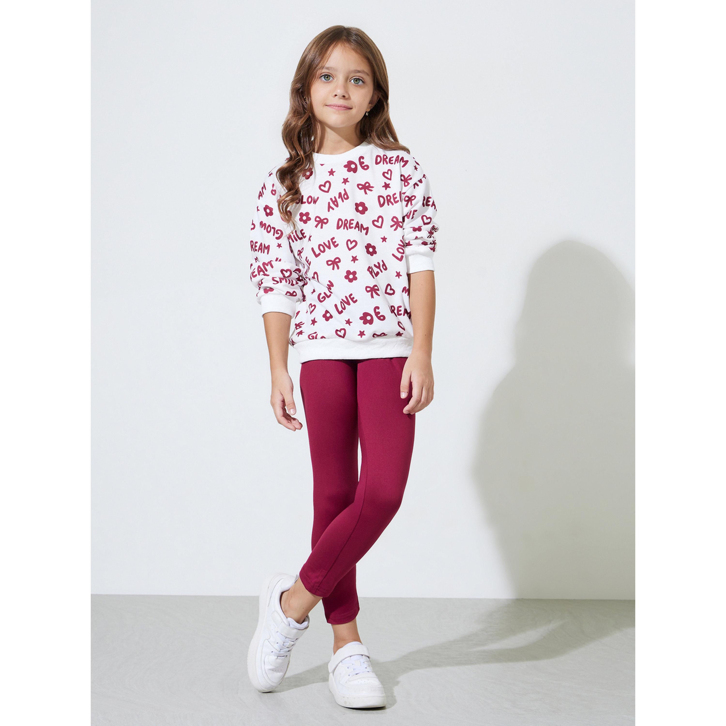مجموعة من ليقنز عنابي سادة وسويت شيرت أبيض بمطبوعات كاملة للبنات-girls-clothing-setsandcoords-image-1