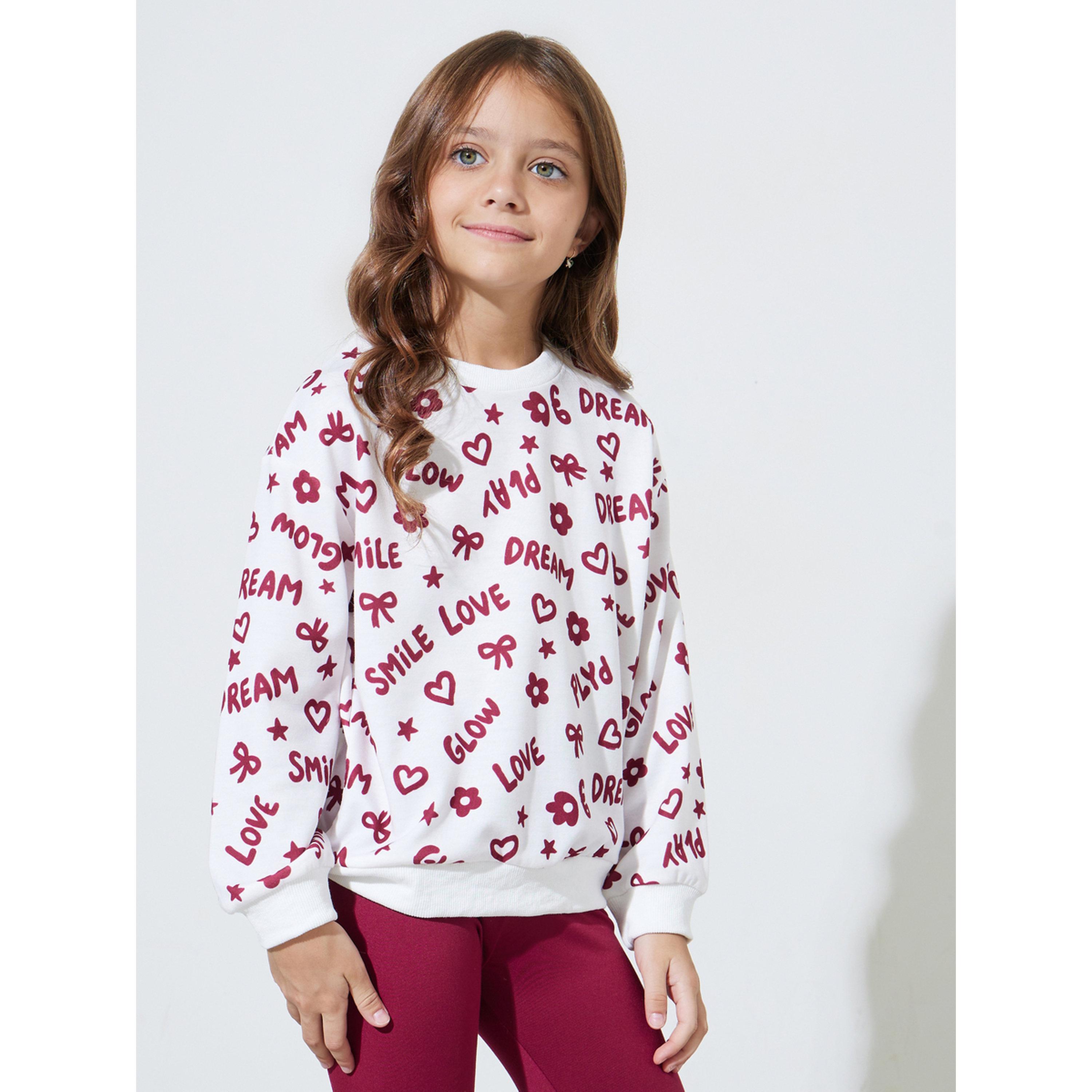 مجموعة من ليقنز عنابي سادة وسويت شيرت أبيض بمطبوعات كاملة للبنات-girls-clothing-setsandcoords-image-3