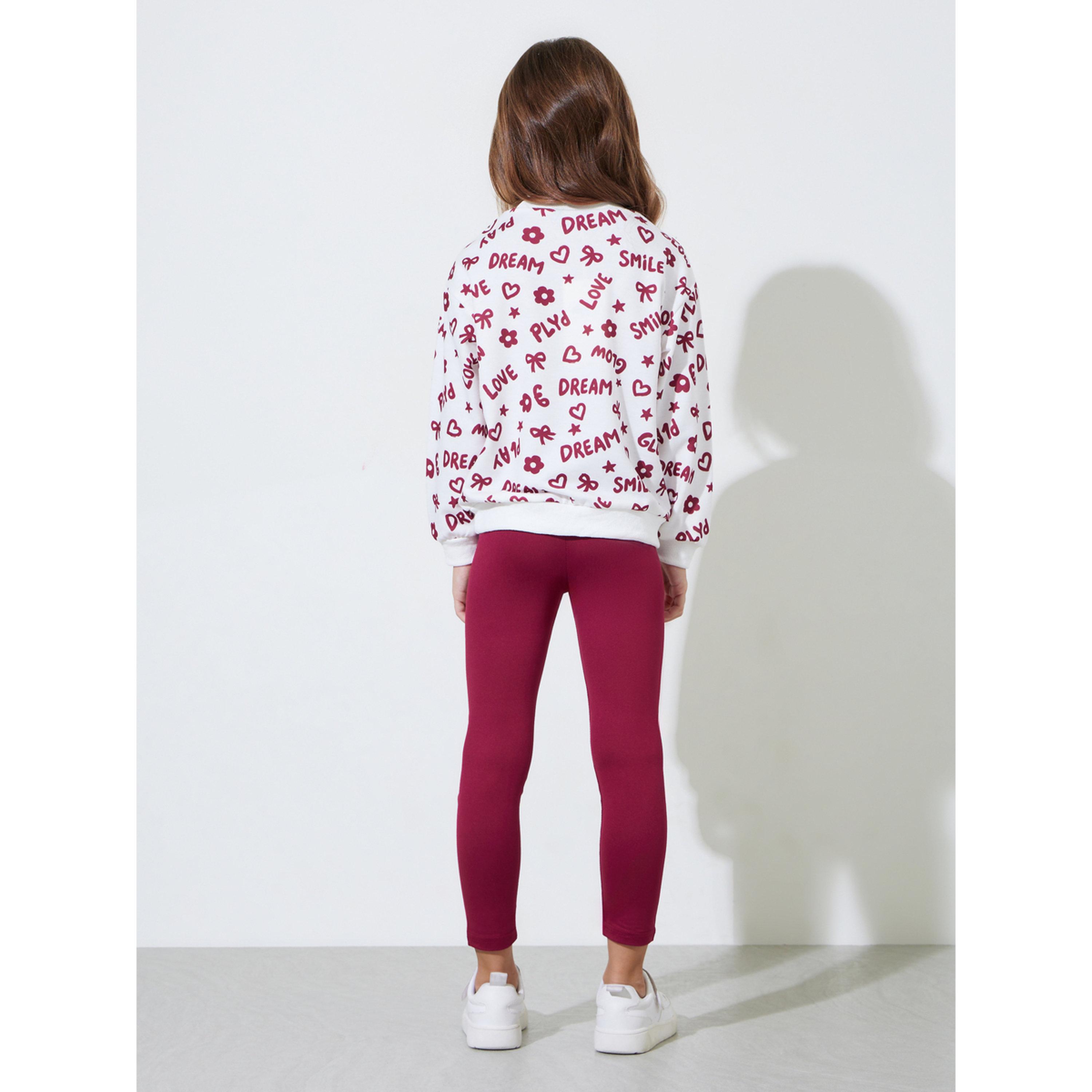مجموعة من ليقنز عنابي سادة وسويت شيرت أبيض بمطبوعات كاملة للبنات-girls-clothing-setsandcoords-image-4