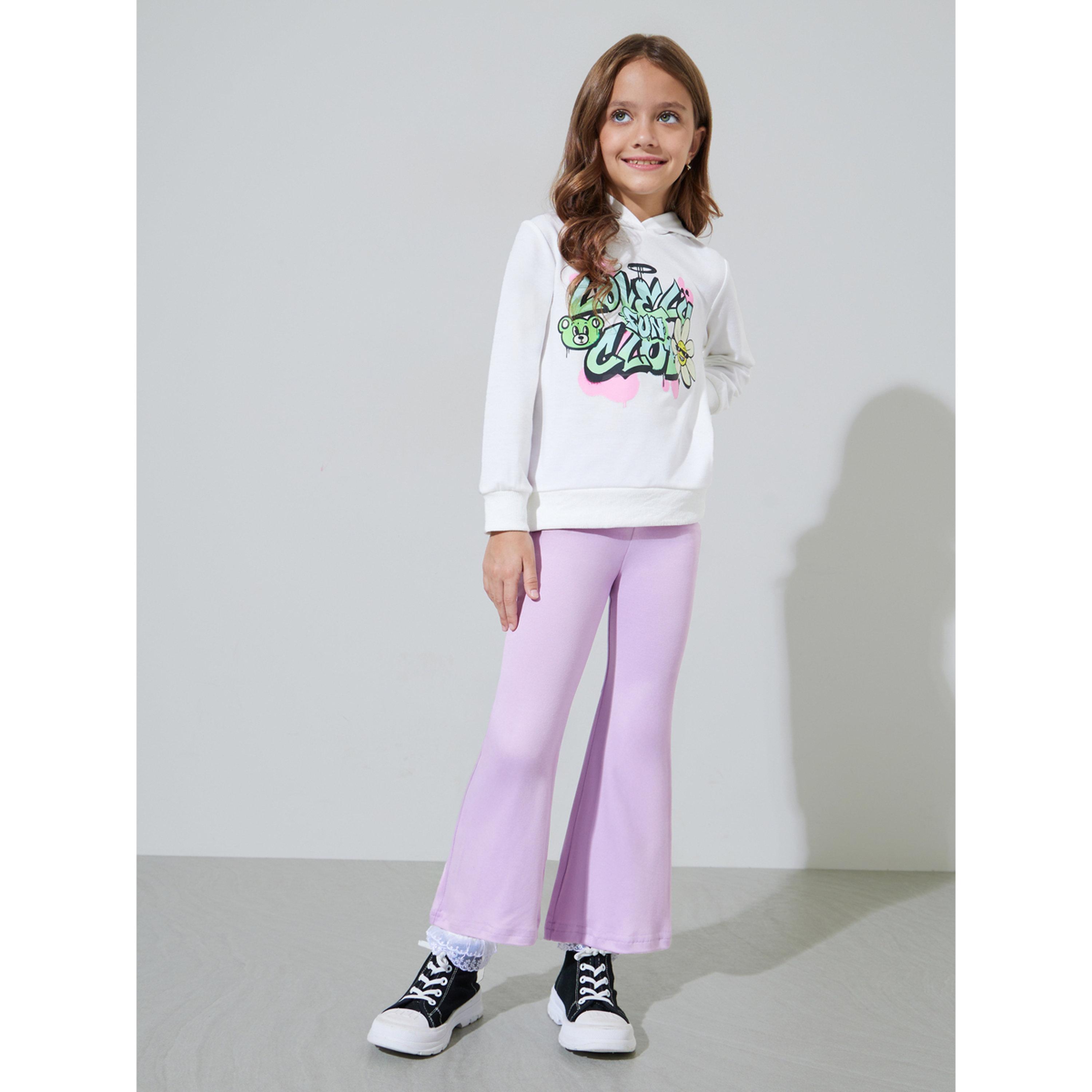 مجموعة من ليقنز لافندر سادة وسويت شيرت أوف وايت واسع بقبعة ومطبوع للبنات-girls-clothing-setsandcoords-image-1