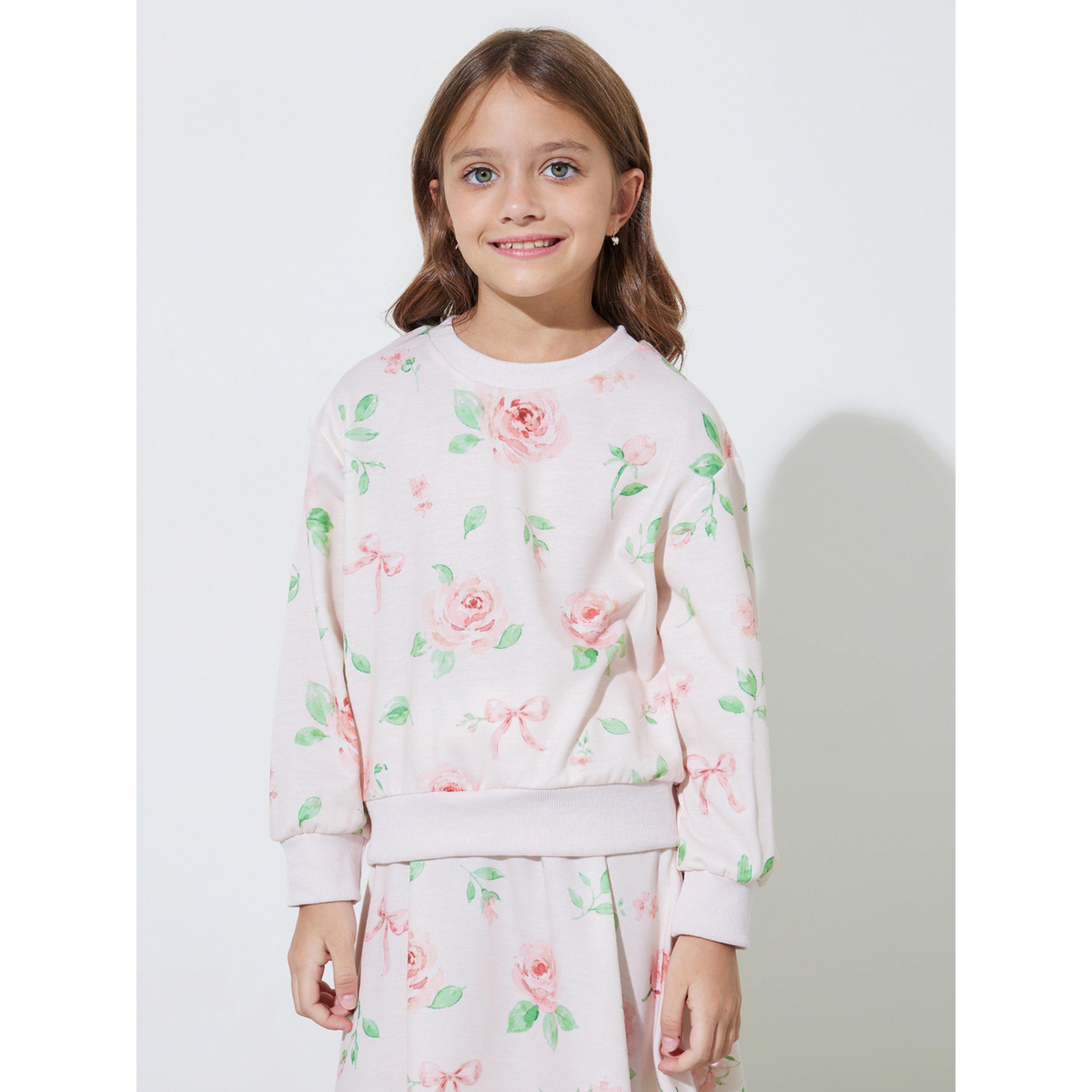 مجموعة من تنورة وسويت شيرت بمطبوعات زهور كاملة للبنات باللون الكريمی-girls-clothing-setsandcoords-image-2