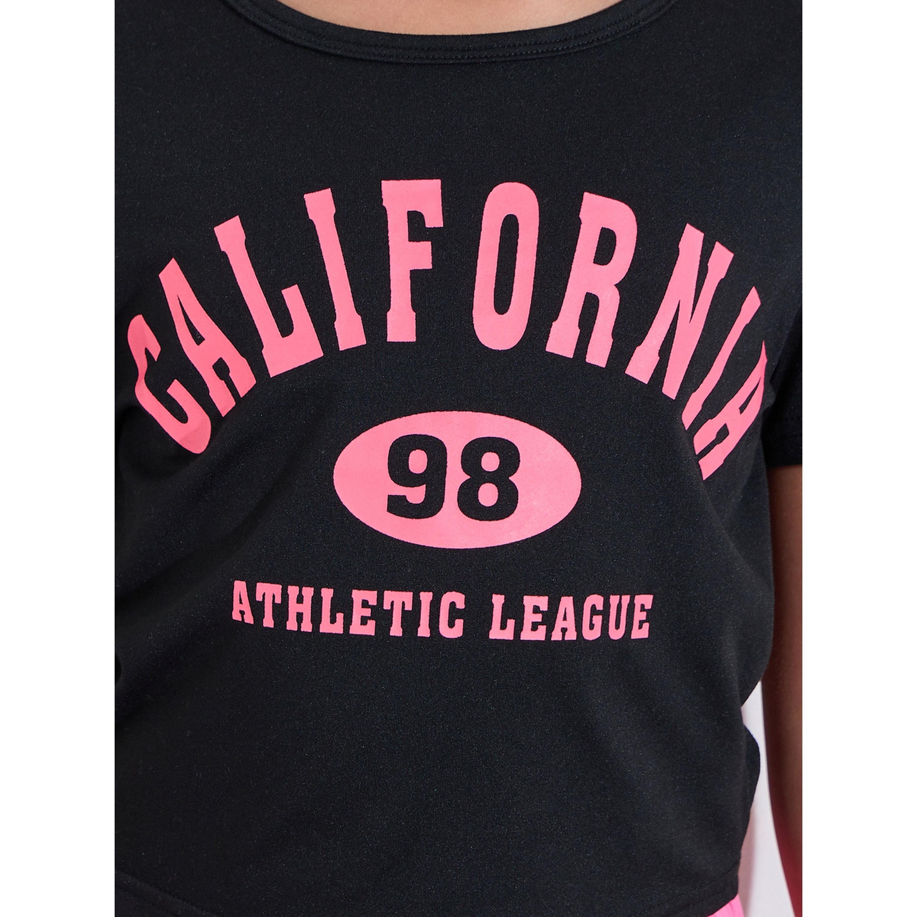 Styli Teen Girls Black Graphic Print T-Shirt and Pink Side Striped Joggers Set-girls-clothing-setsandcoords-image-5
