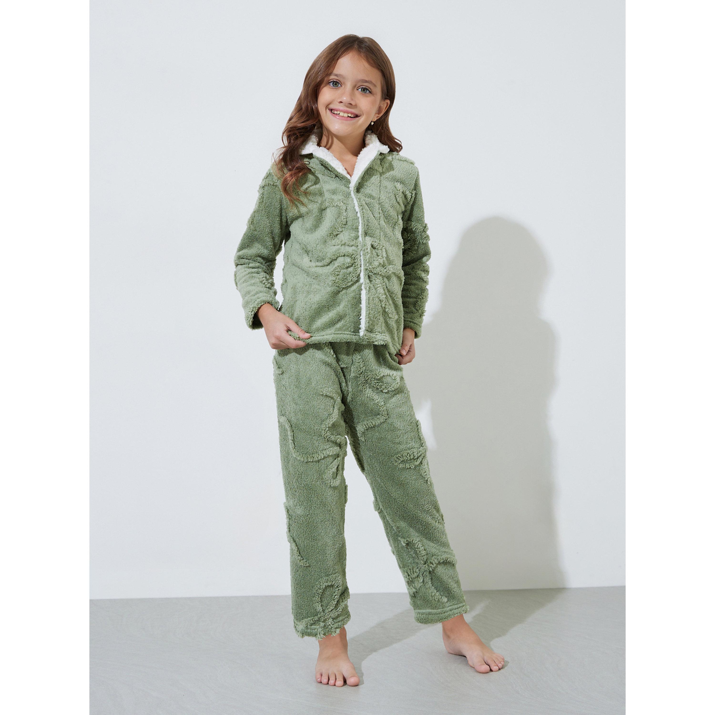 Styli Girls Green Faux Fur Long Sleeves Collared Top and Pants Pyjama Set-girls-clothing-nightwear-image-1