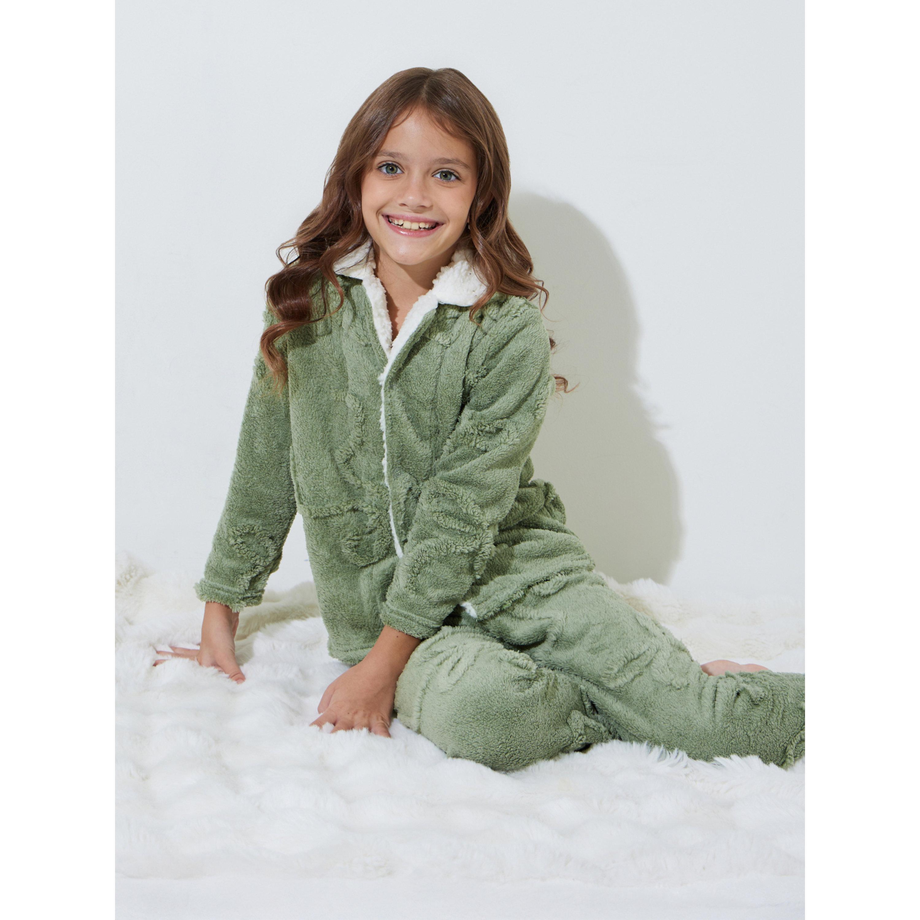 Styli Girls Green Faux Fur Long Sleeves Collared Top and Pants Pyjama Set-girls-clothing-nightwear-image-2