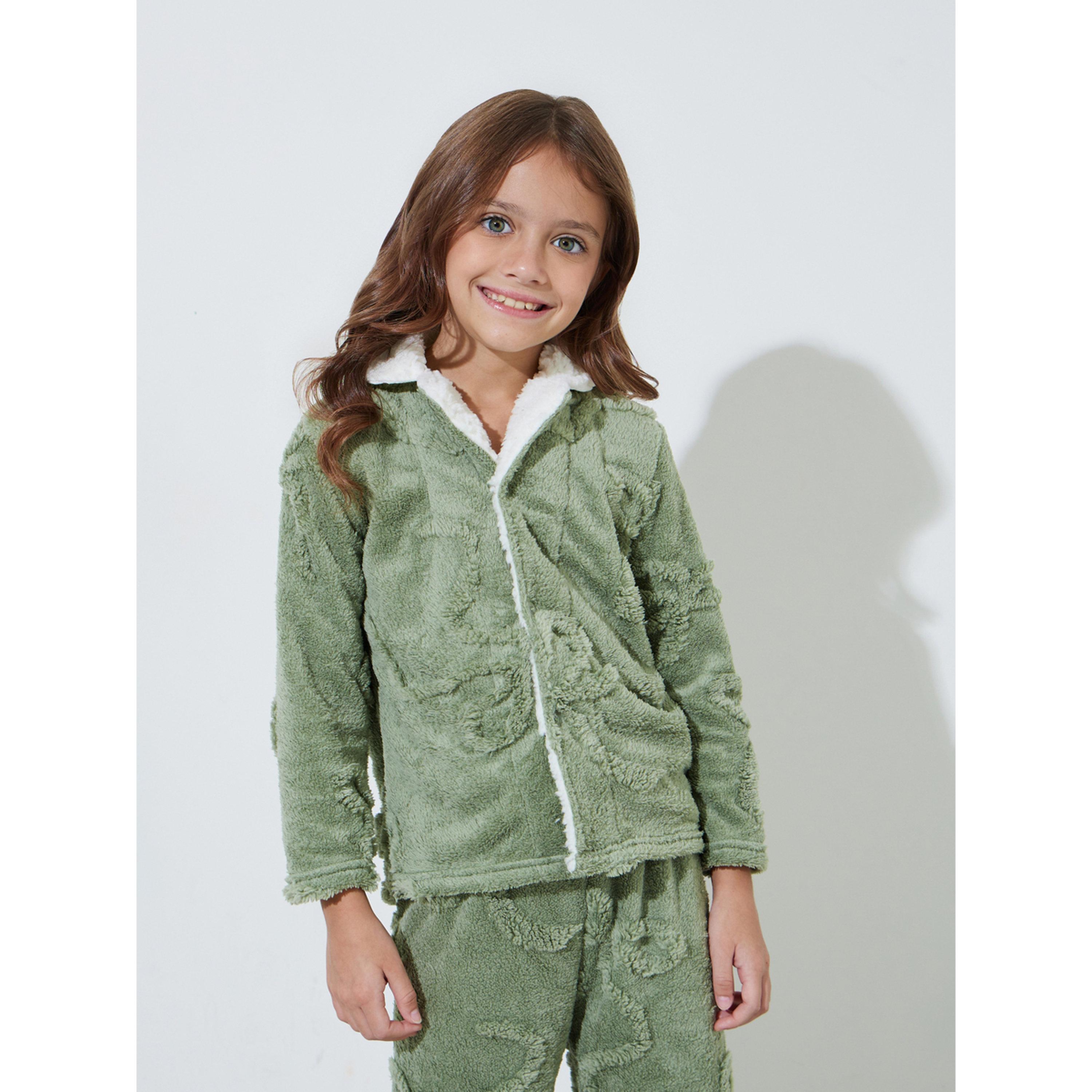 Styli Girls Green Faux Fur Long Sleeves Collared Top and Pants Pyjama Set-girls-clothing-nightwear-image-3