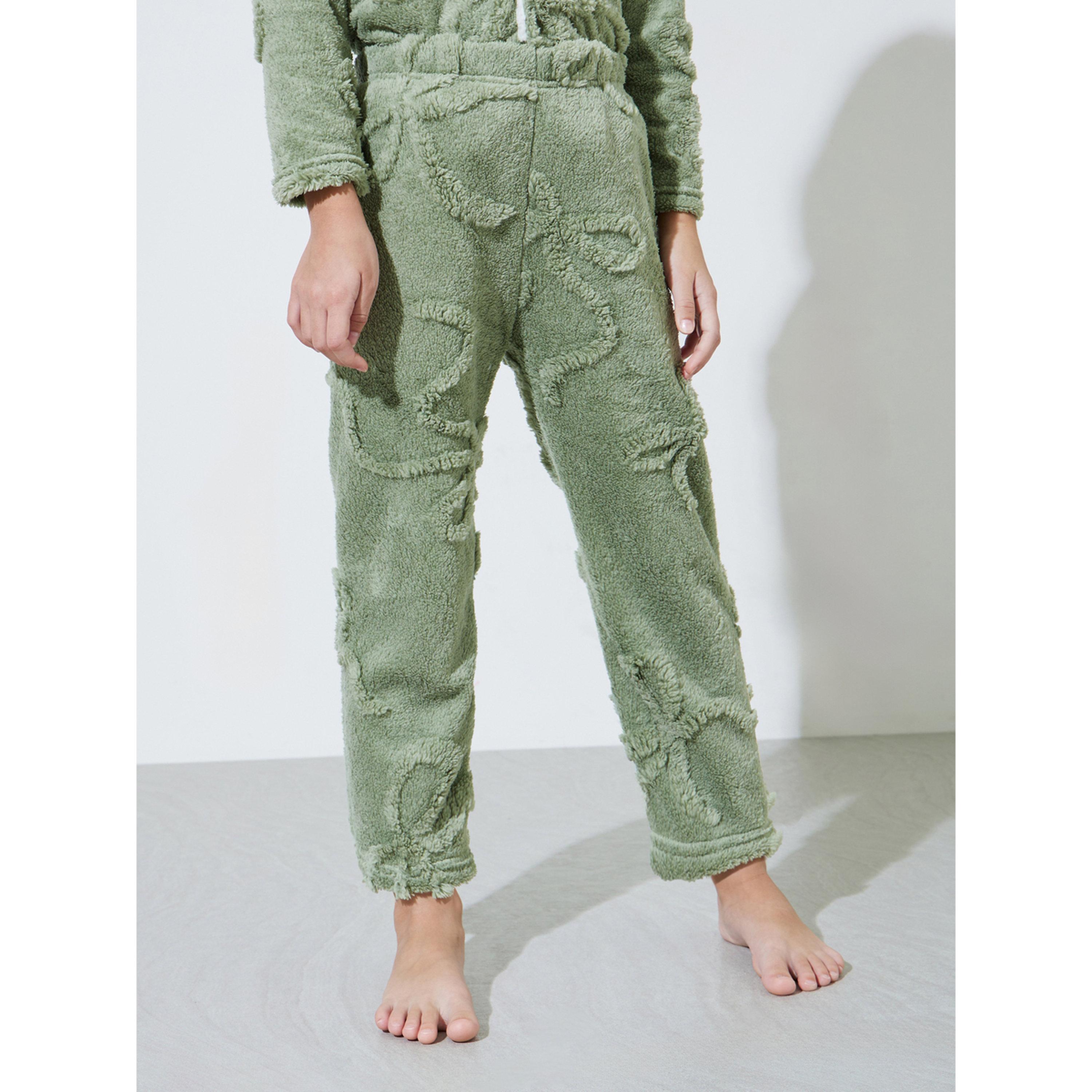 Styli Girls Green Faux Fur Long Sleeves Collared Top and Pants Pyjama Set-girls-clothing-nightwear-image-5
