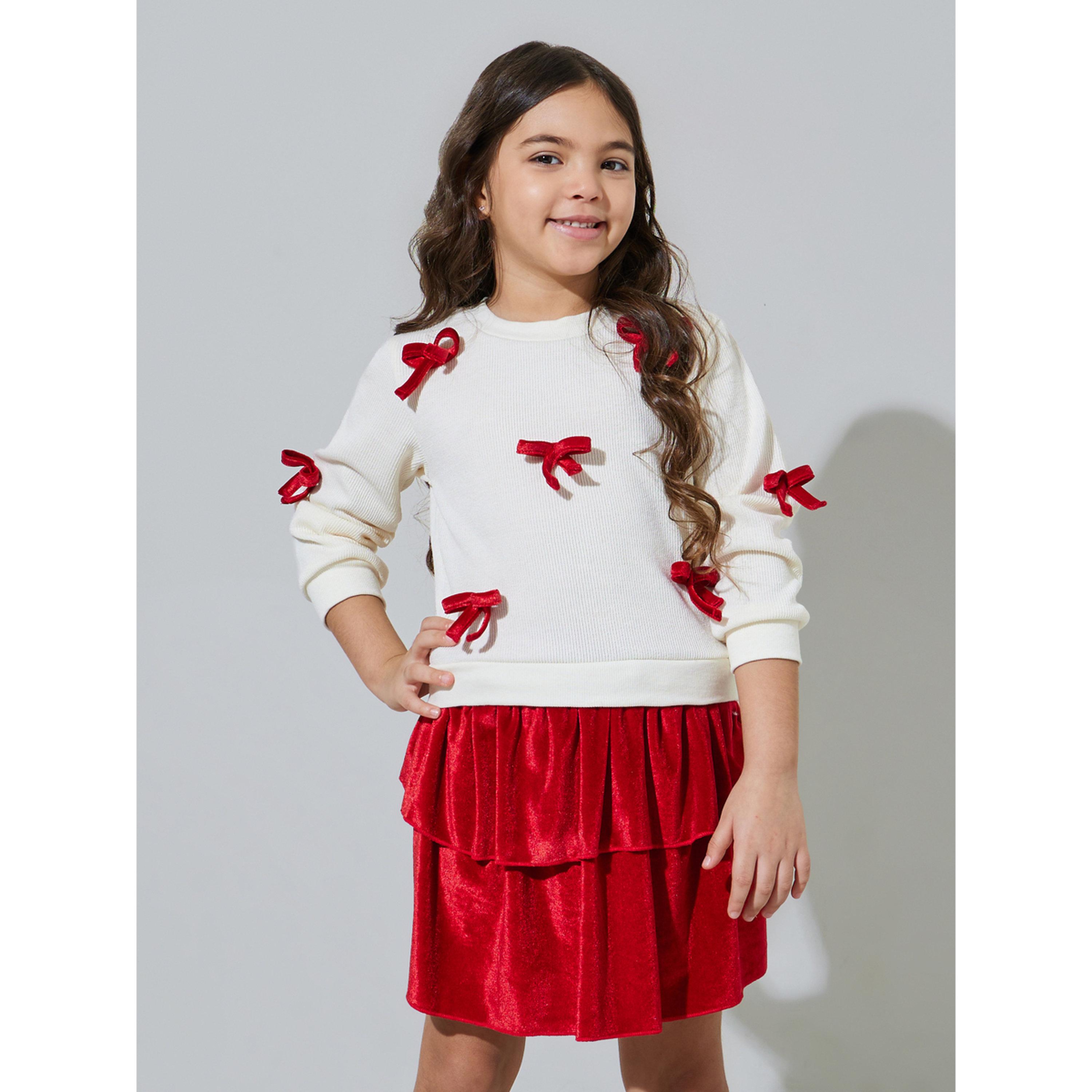 Styli Girls White Bow Details Sweatshirt and Red Ruffled Skirt Set-girls-clothing-setsandcoords-image-1