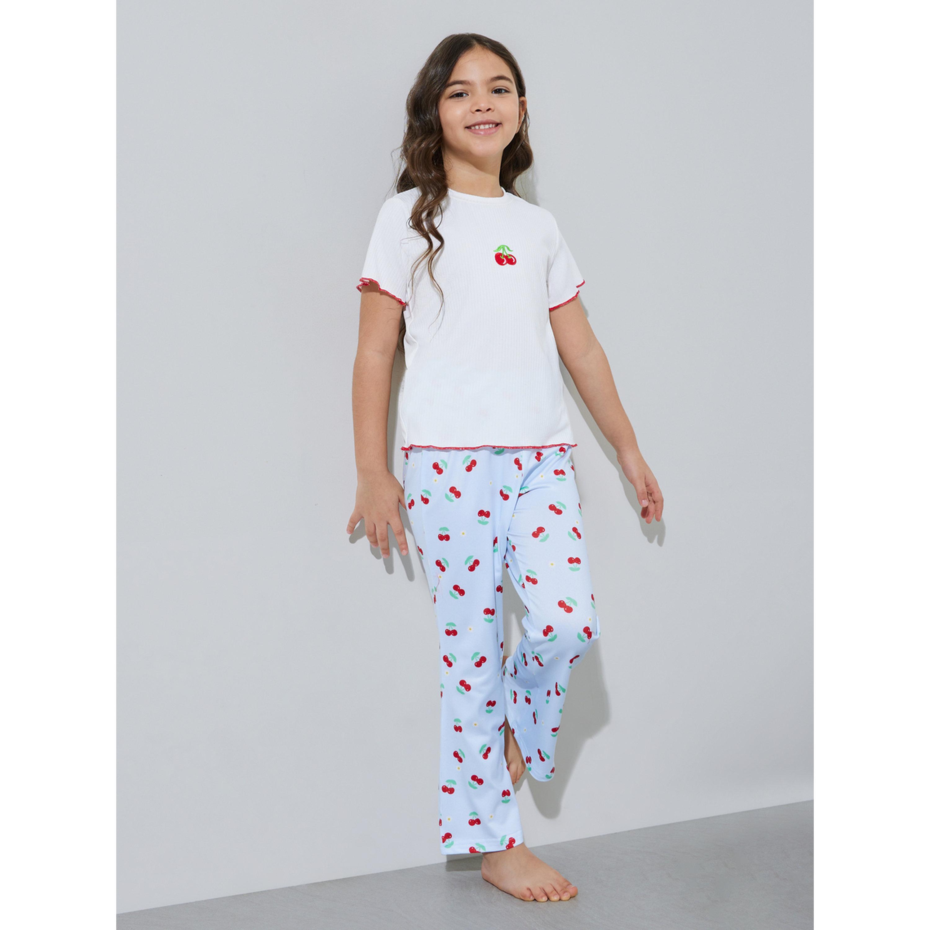 Styli Girls White Cherry Print T-Shirt and Light Blue Pants Pyjama Set-girls-clothing-nightwear-image-1