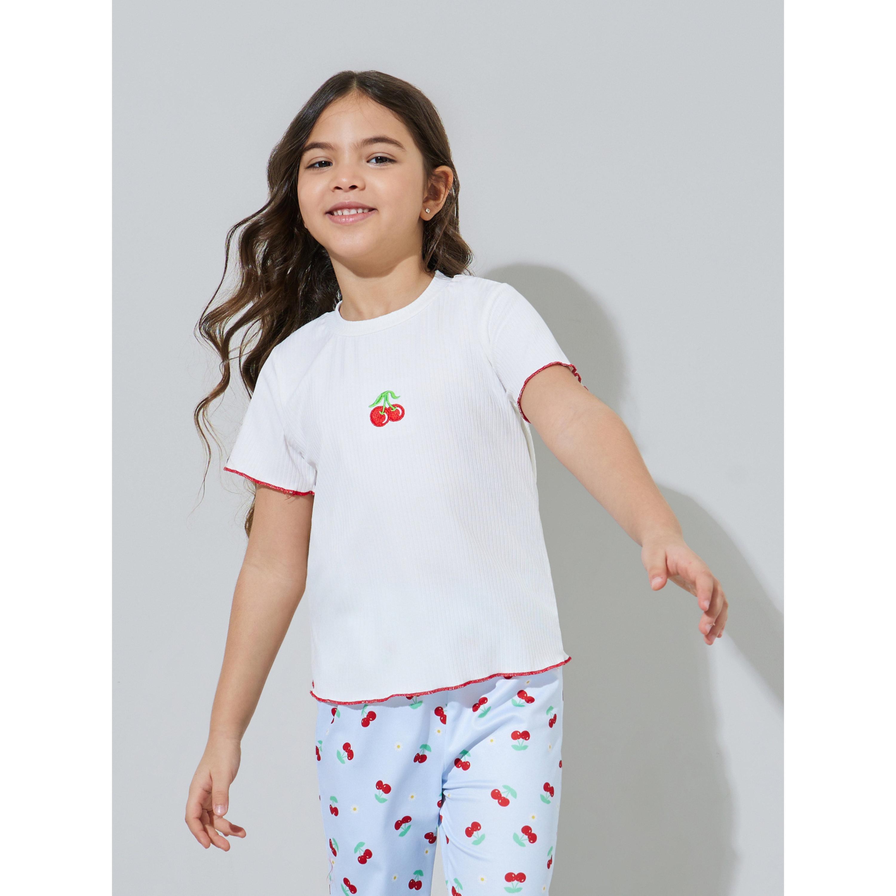 Styli Girls White Cherry Print T-Shirt and Light Blue Pants Pyjama Set-girls-clothing-nightwear-image-2