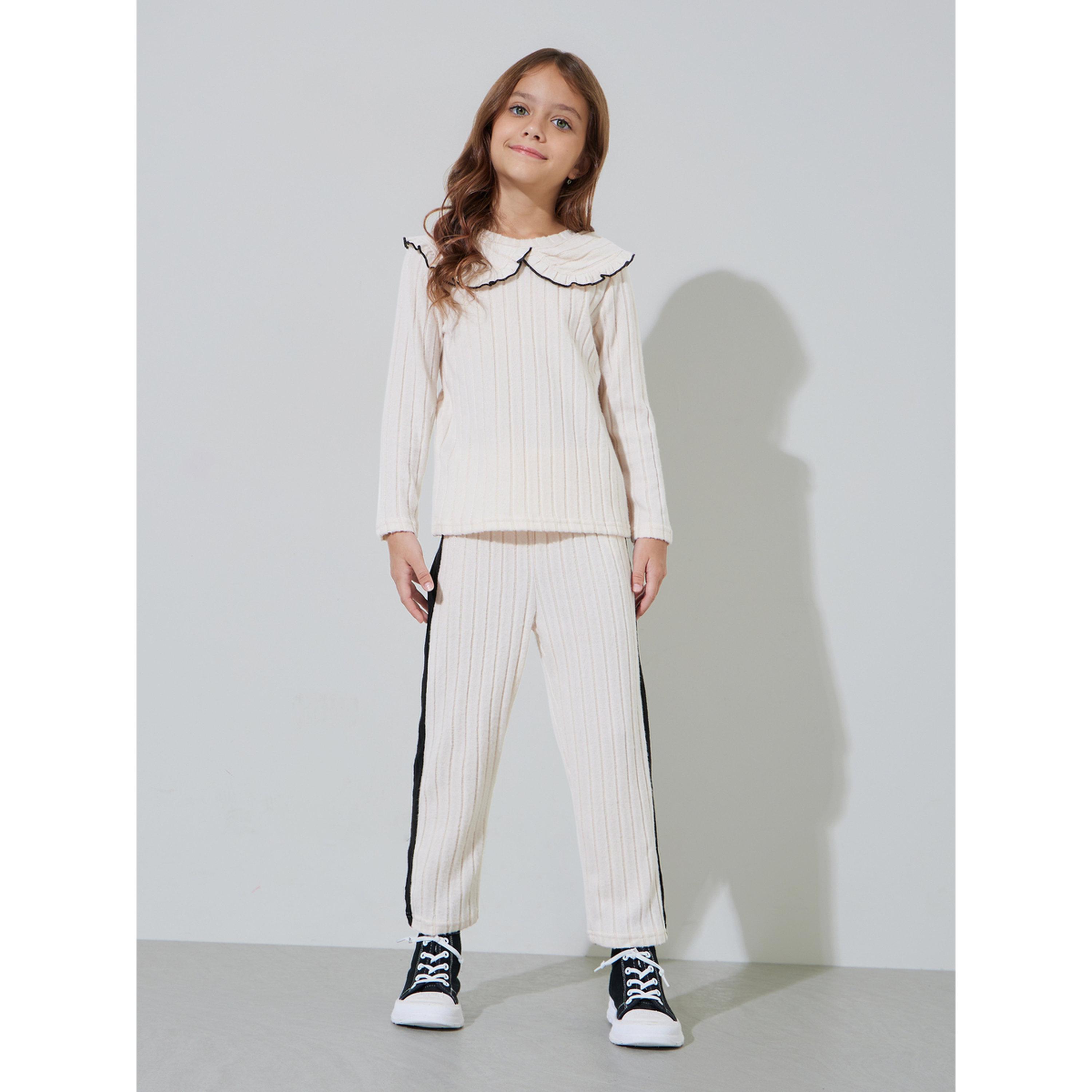 Styli Girls beige Ribbed Knit Collared Top and Side Striped Joggers Set-girls-clothing-setsandcoords-image-1
