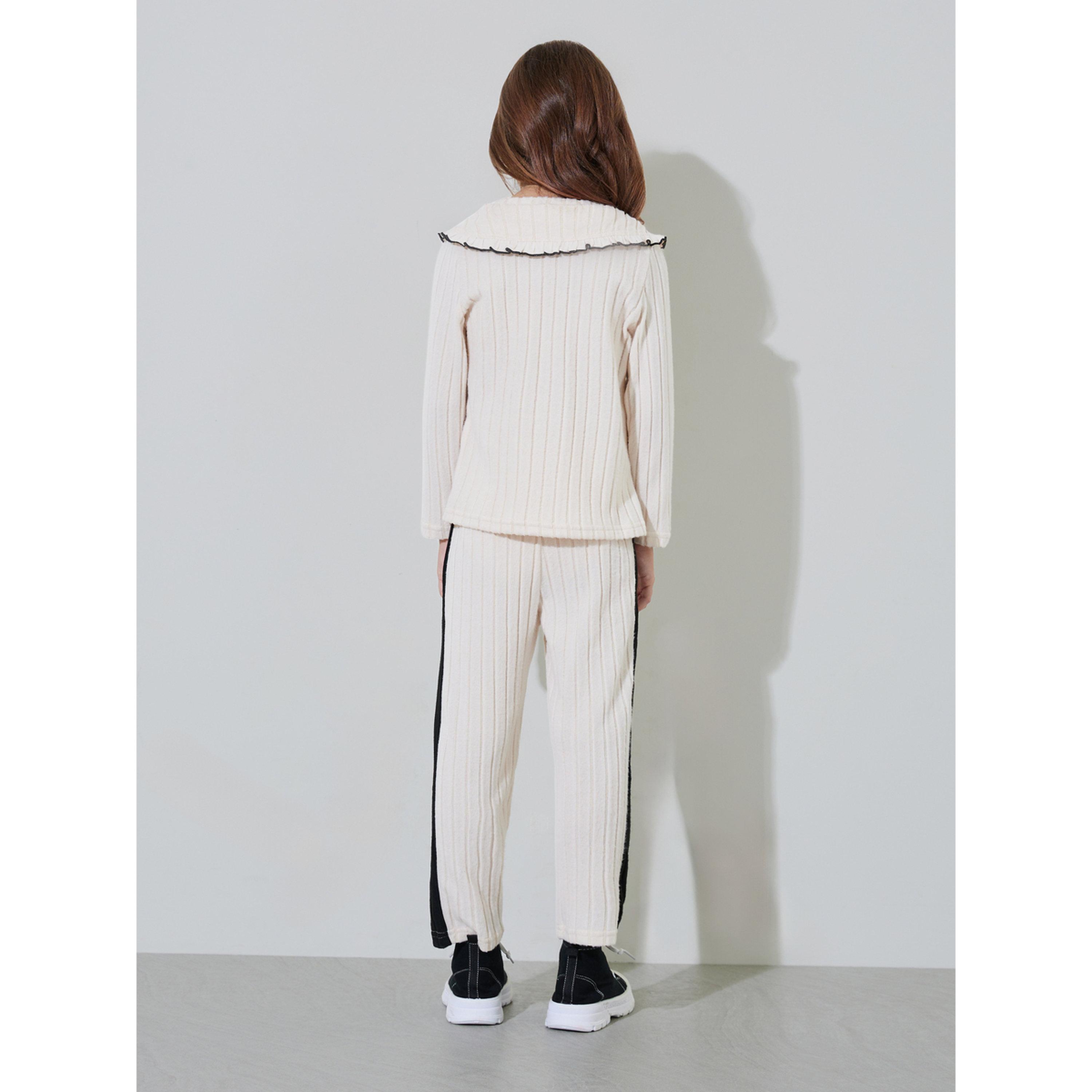 Styli Girls beige Ribbed Knit Collared Top and Side Striped Joggers Set-girls-clothing-setsandcoords-image-2