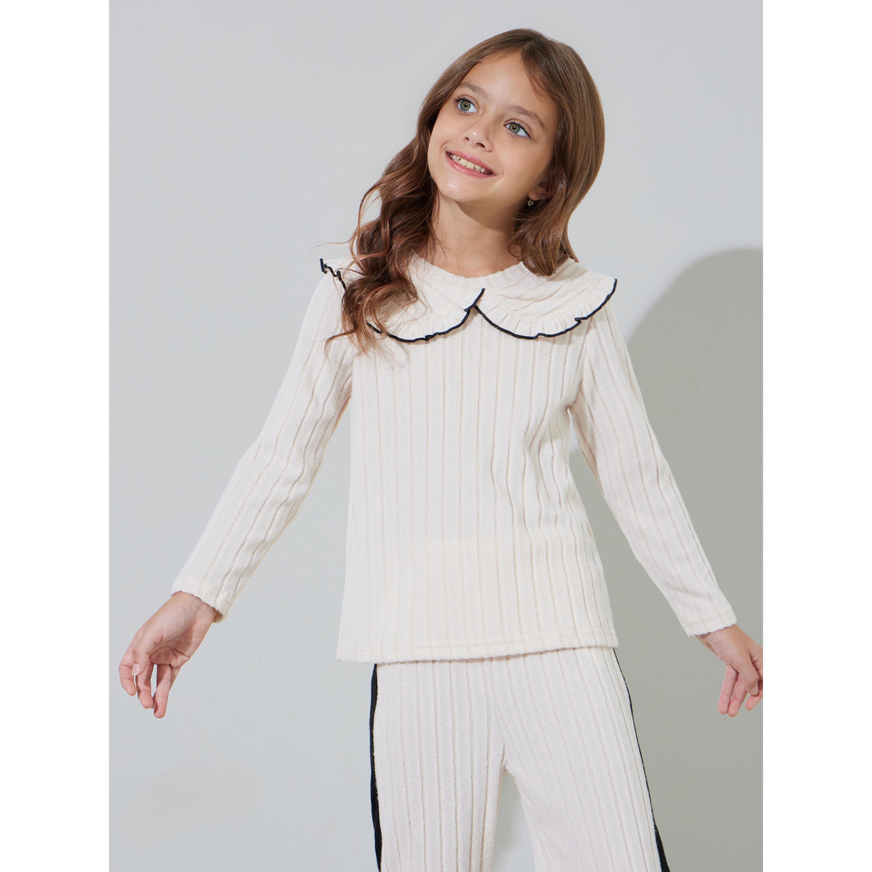 Styli Girls beige Ribbed Knit Collared Top and Side Striped Joggers Set-girls-clothing-setsandcoords-image-3