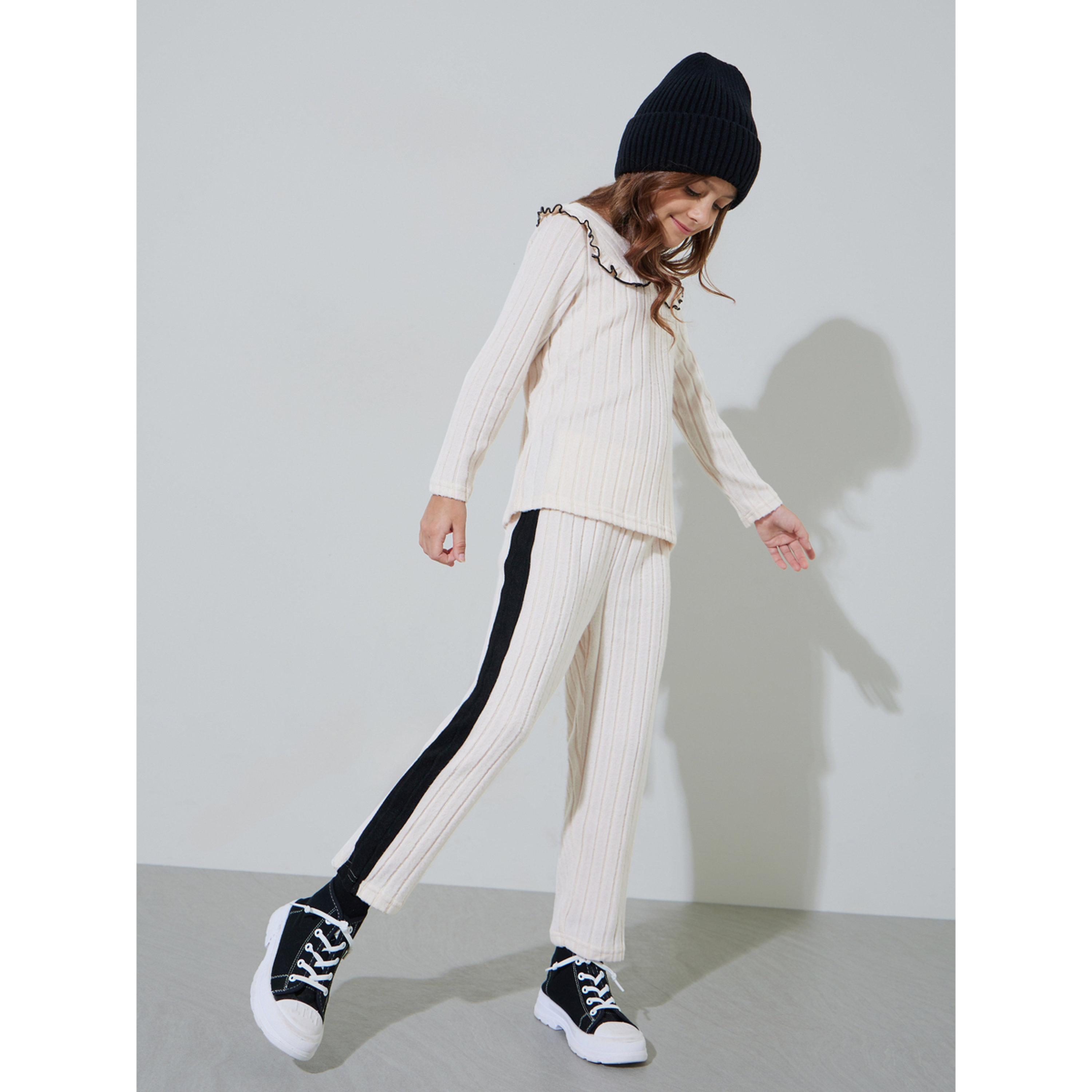 Styli Girls beige Ribbed Knit Collared Top and Side Striped Joggers Set-girls-clothing-setsandcoords-image-4