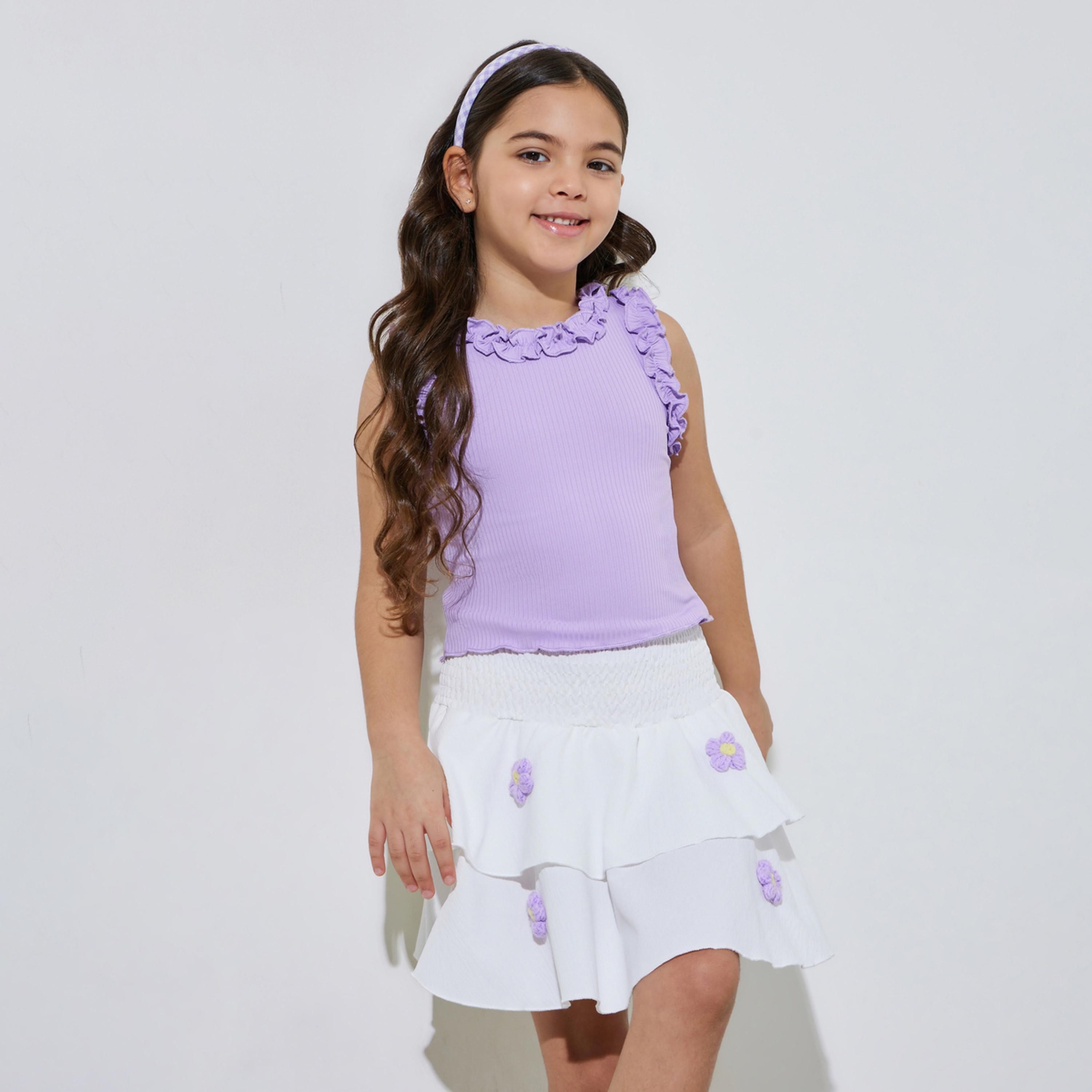 مجموعة من تنورة بكشكش وتطريز أزهار وبلوزة كبس مضلعة للبنات-girls-clothing-setsandcoords-image-1