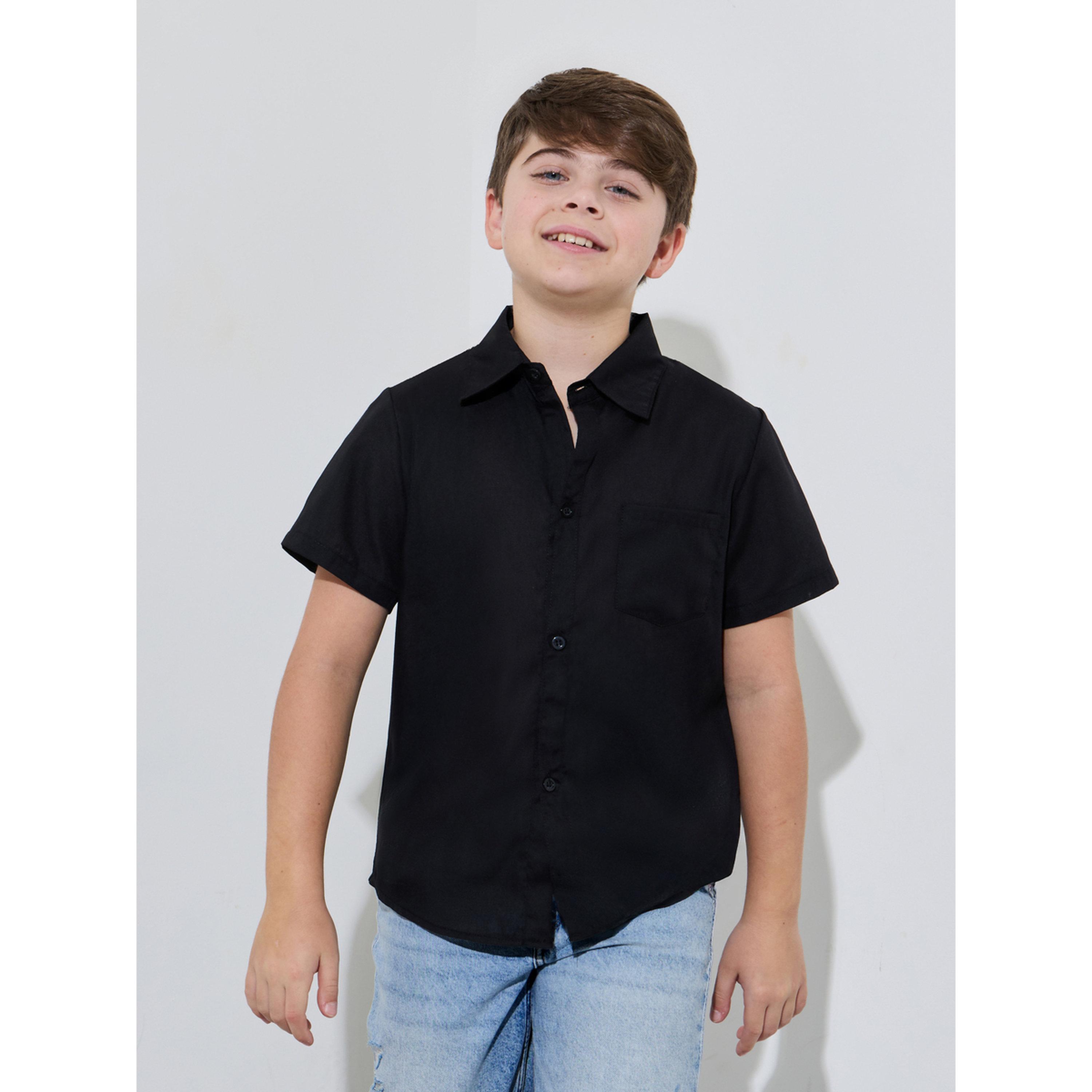 قميص بأكمام قصيرة وتفاصيل جيب أسود سادة للأولاد المراهقين-boys-clothing-shirts-image-1
