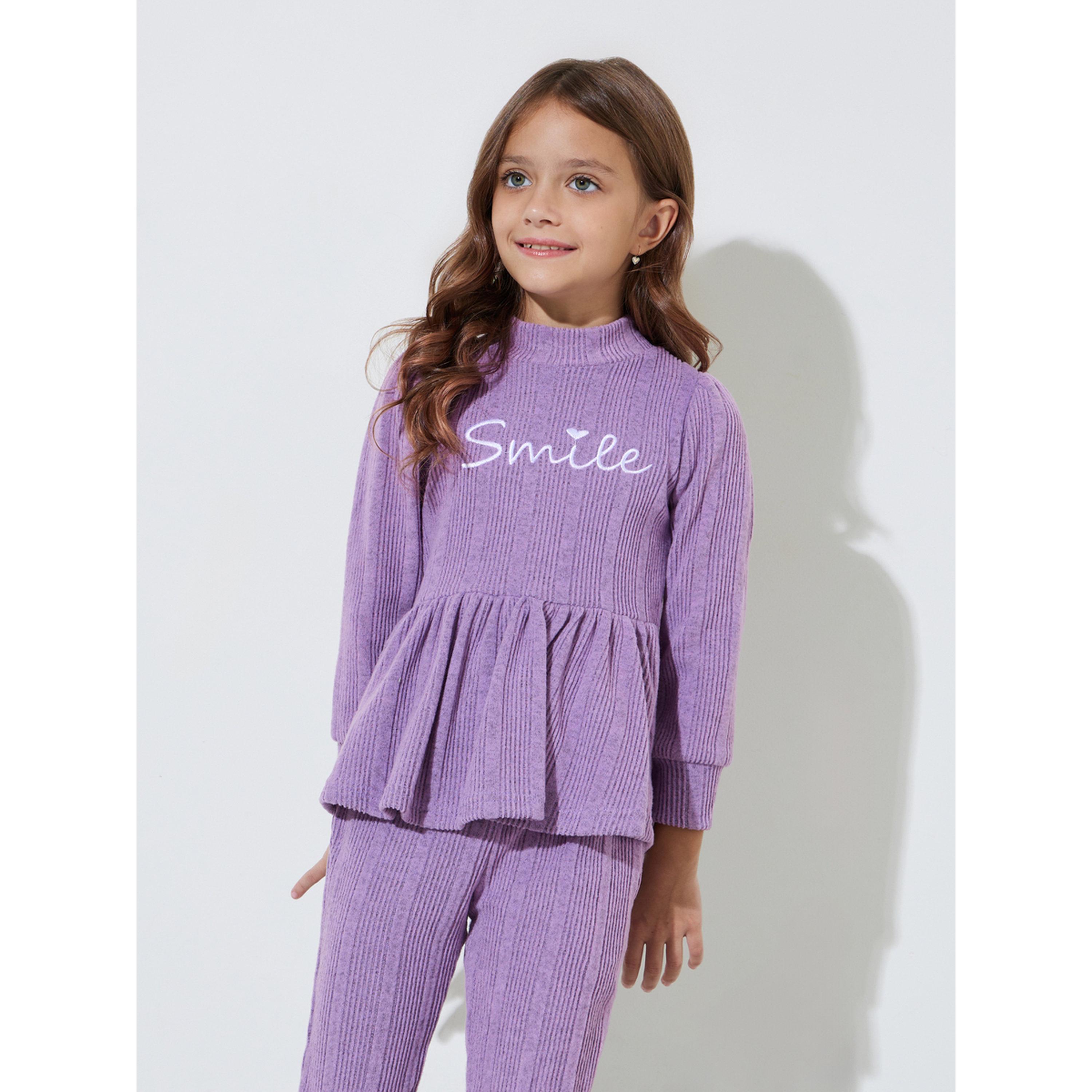 مجموعة من بنطال بقصة مستقيمة وبلوزة بيبلوم مطرزة بتفاصيل كشكش للبنات-girls-clothing-setsandcoords-image-2