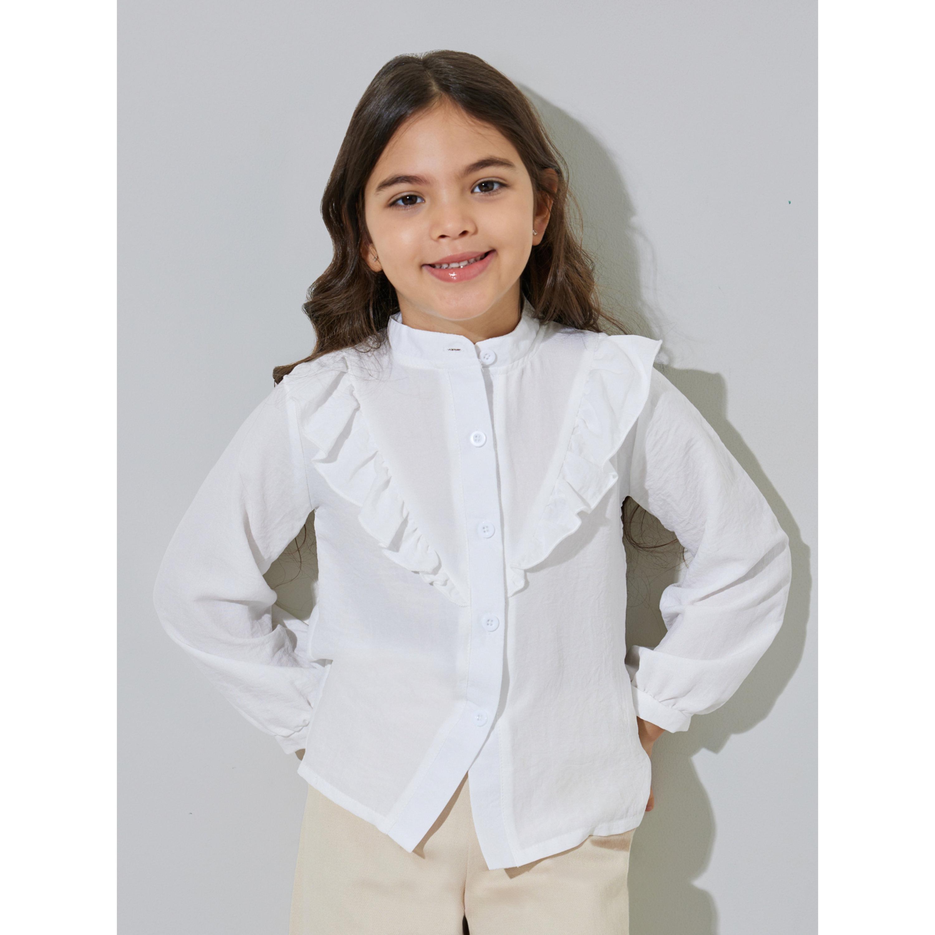 بلوزة سادة وياقة ماندارين بتفاصيل كشكشة للبنات - أبيض-girls-clothing-blousesandshirts-image-1