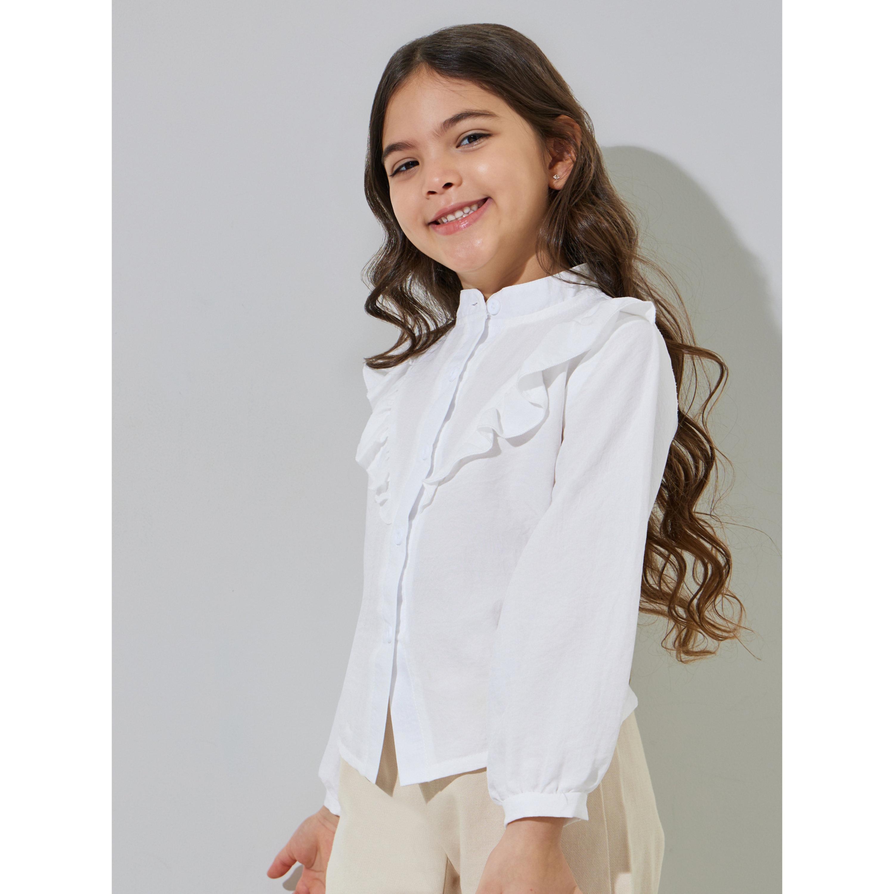 بلوزة سادة وياقة ماندارين بتفاصيل كشكشة للبنات - أبيض-girls-clothing-blousesandshirts-image-3