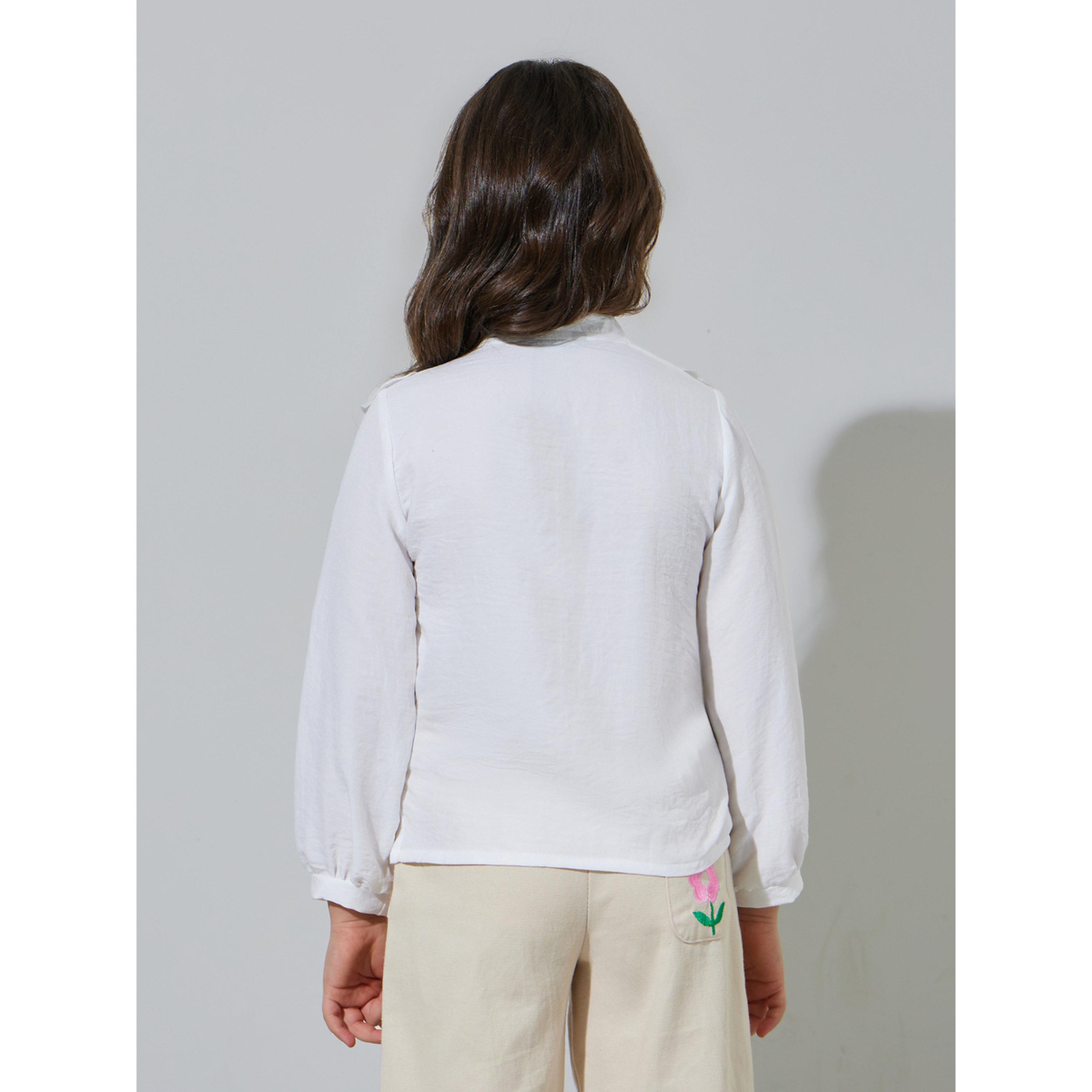 بلوزة سادة وياقة ماندارين بتفاصيل كشكشة للبنات - أبيض-girls-clothing-blousesandshirts-image-4
