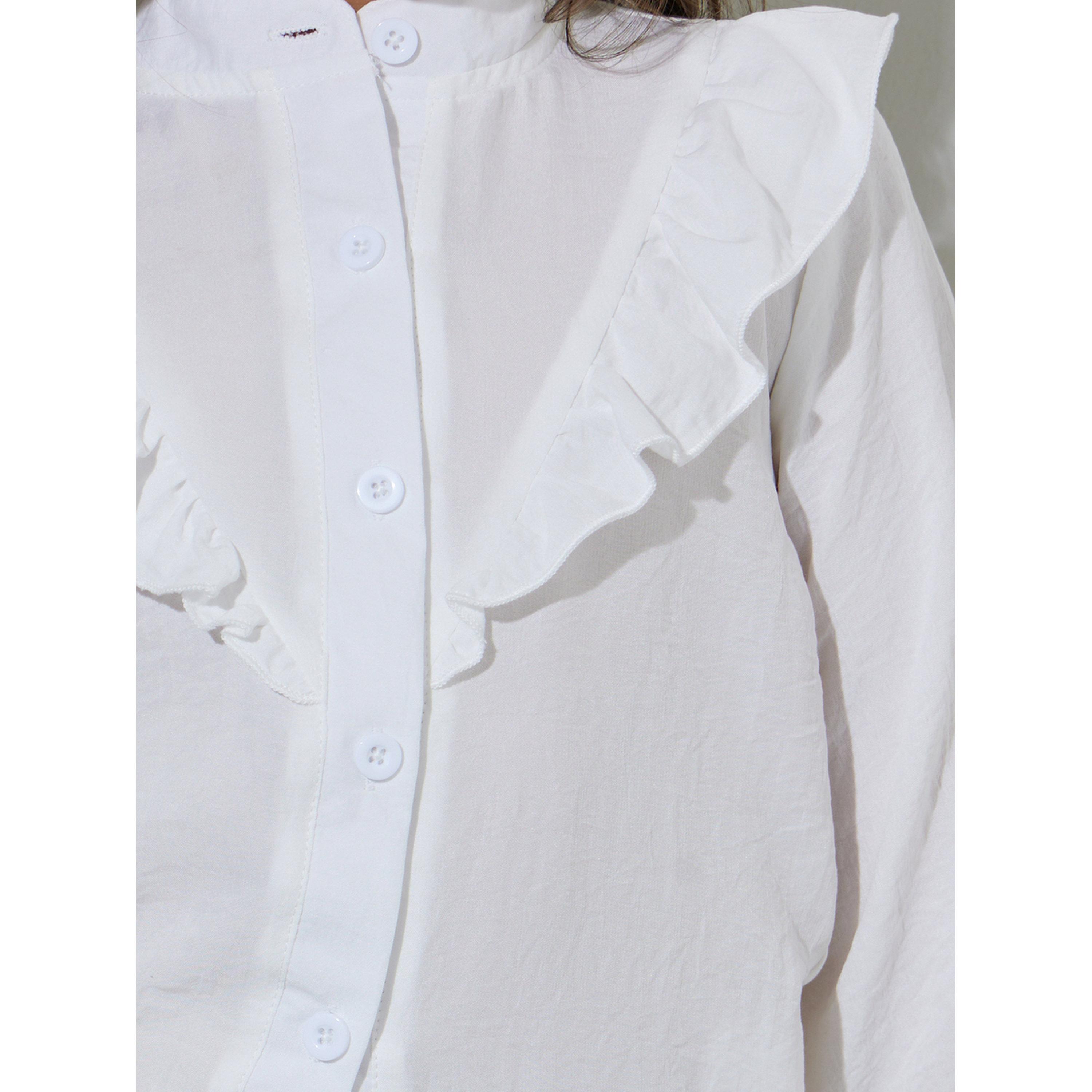 بلوزة سادة وياقة ماندارين بتفاصيل كشكشة للبنات - أبيض-girls-clothing-blousesandshirts-image-5