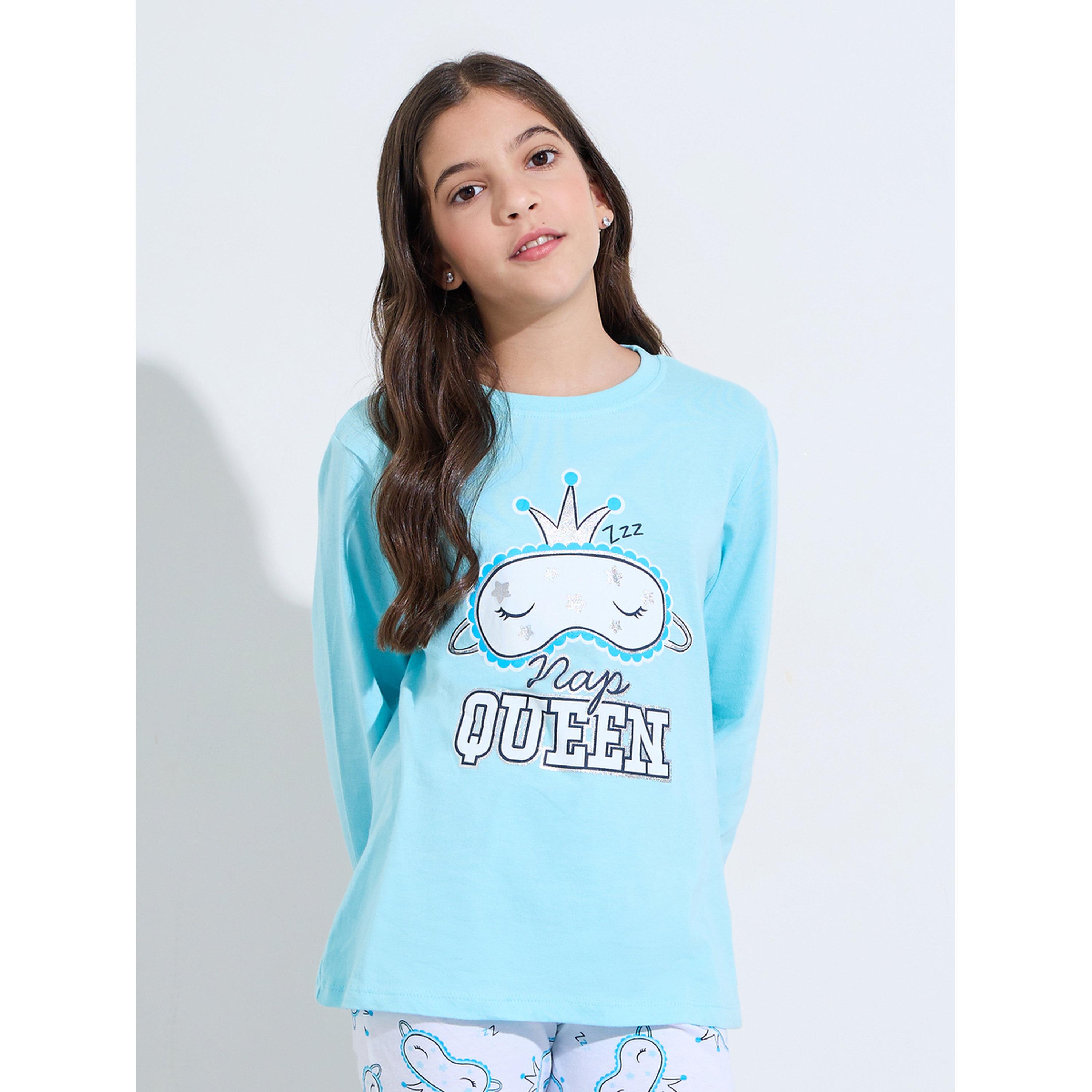Styli Teen Girls Blue Graphic Print Sweatshirt and Cuffed Pants Pyjama Set-girls-clothing-nightwear-image-2