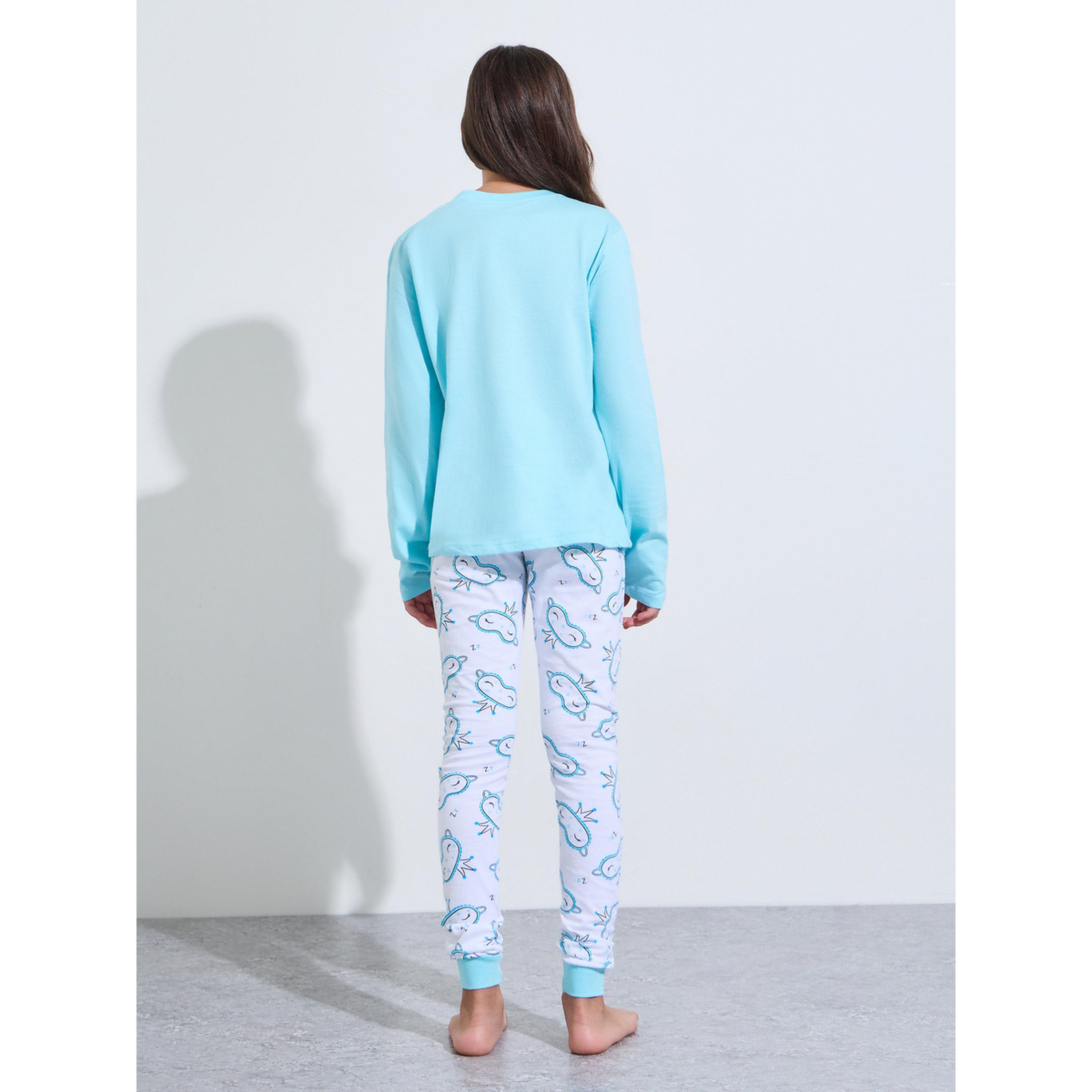 Styli Teen Girls Blue Graphic Print Sweatshirt and Cuffed Pants Pyjama Set-girls-clothing-nightwear-image-3