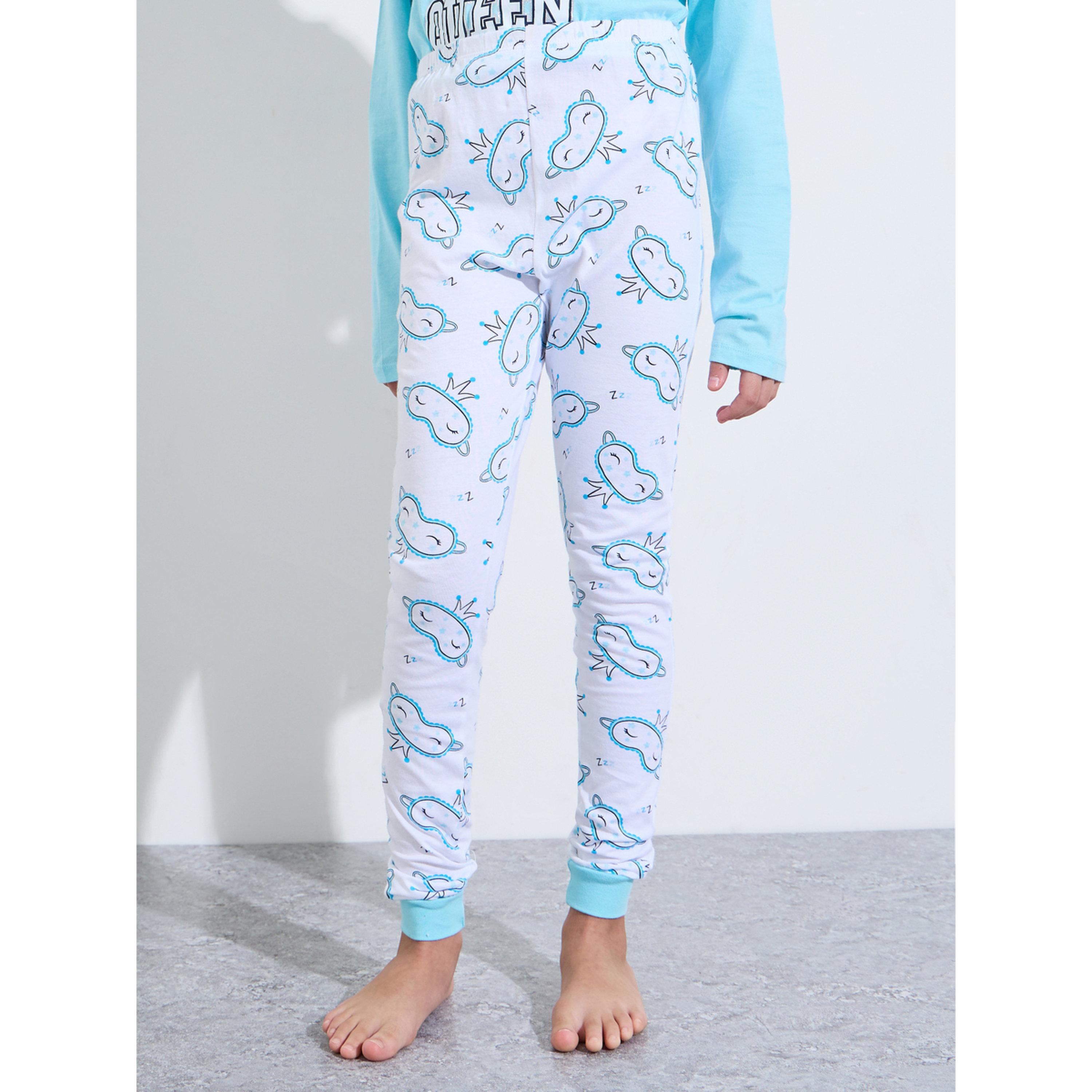 Styli Teen Girls Blue Graphic Print Sweatshirt and Cuffed Pants Pyjama Set-girls-clothing-nightwear-image-4
