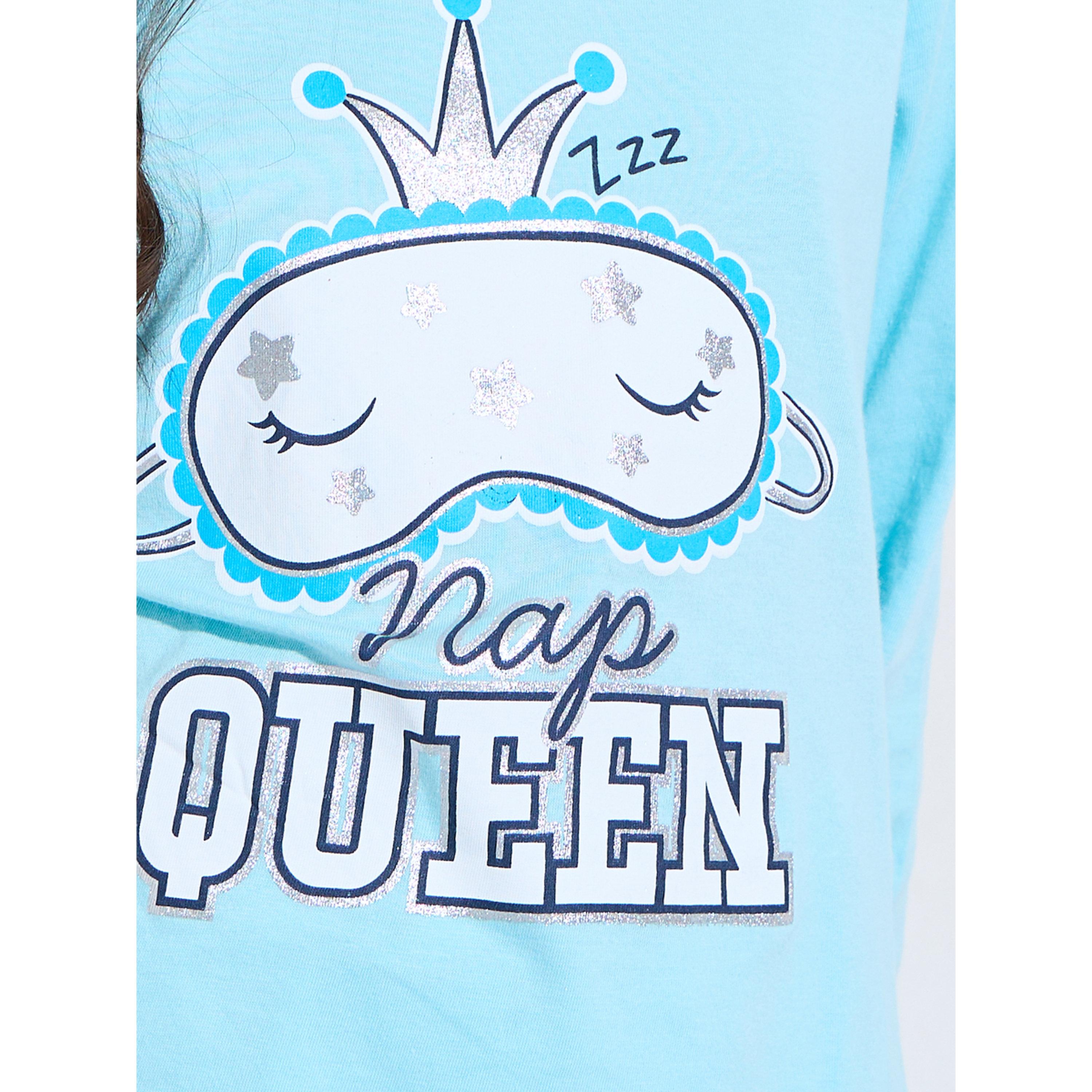 Styli Teen Girls Blue Graphic Print Sweatshirt and Cuffed Pants Pyjama Set-girls-clothing-nightwear-image-5