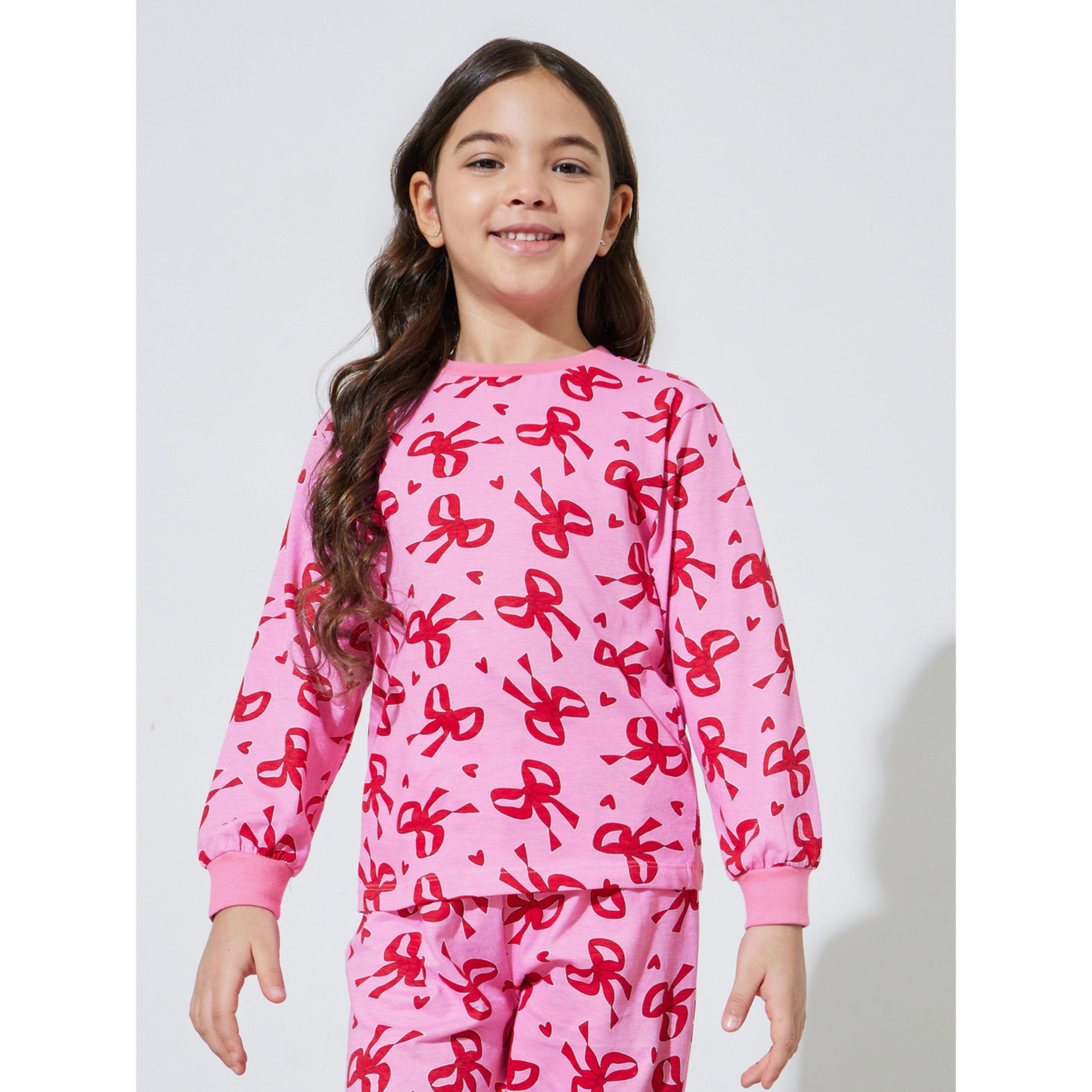 Styli Girls All Over Bow Print Sweatshirt and Cuffed Pants Pyjama Set-girls-clothing-nightwear-image-2