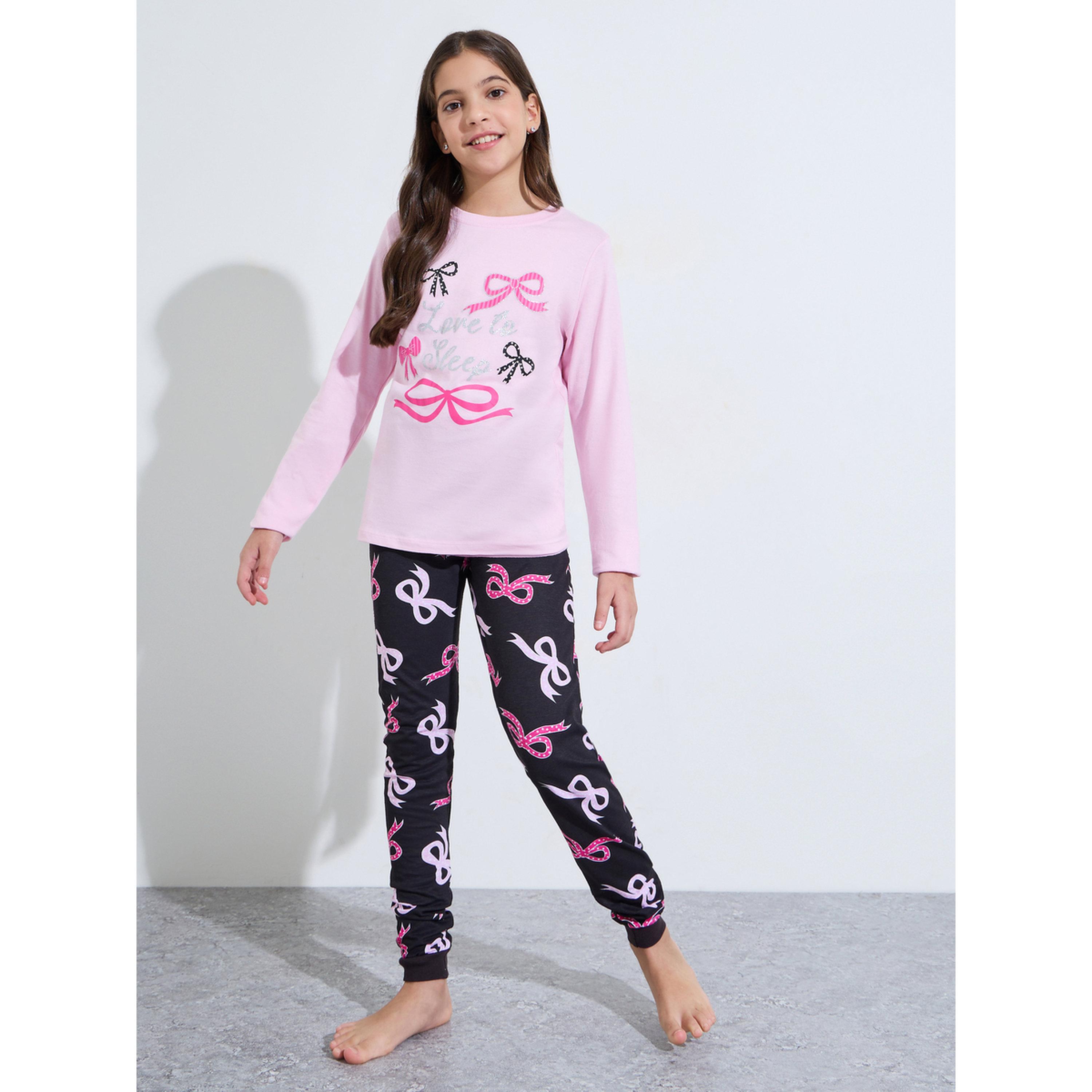 Styli Teen Girls Pink All Over Bow Print Sweatshirt and Black Cuffed Pants Pyjama Set-girls-clothing-nightwear-image-1