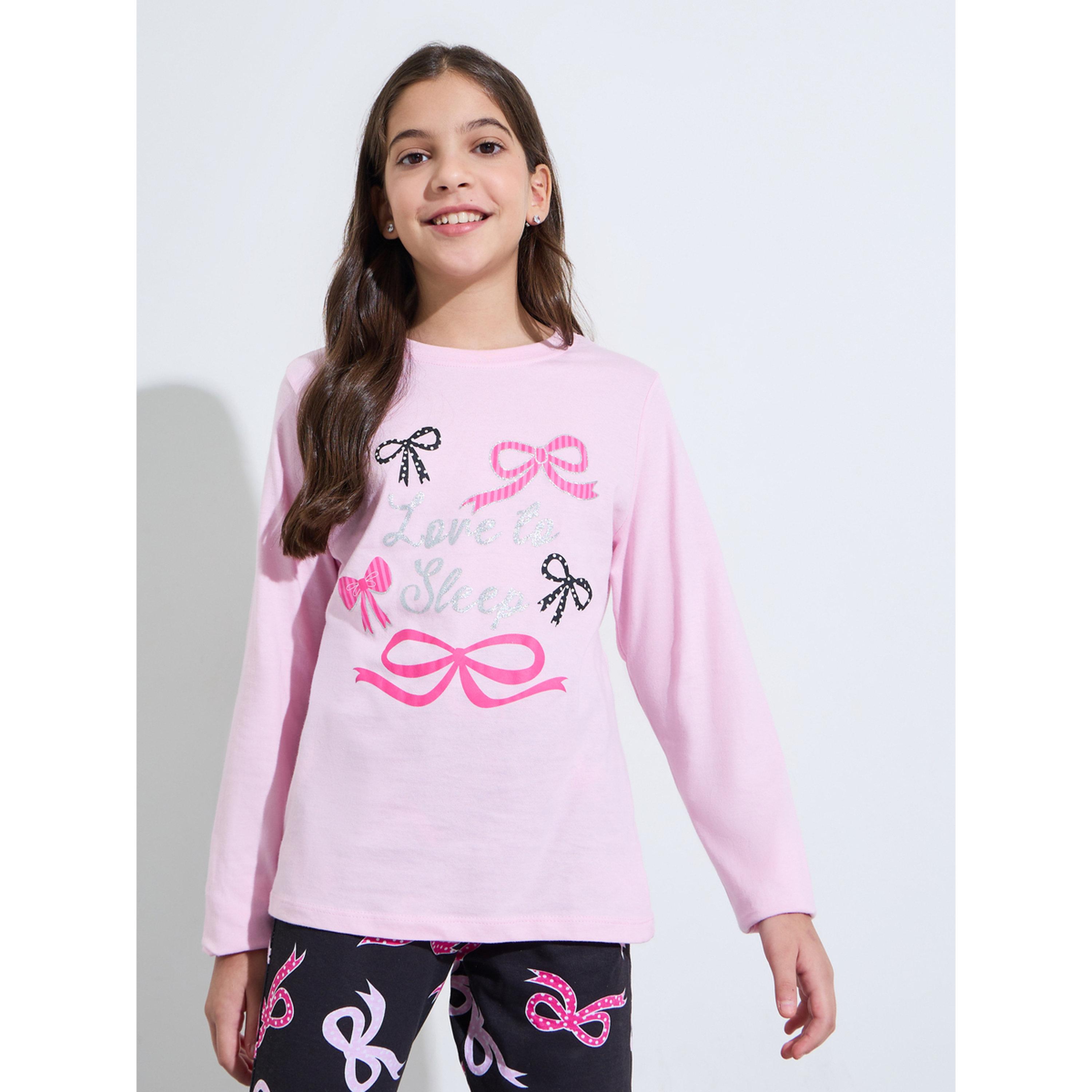 Styli Teen Girls Pink All Over Bow Print Sweatshirt and Black Cuffed Pants Pyjama Set-girls-clothing-nightwear-image-2