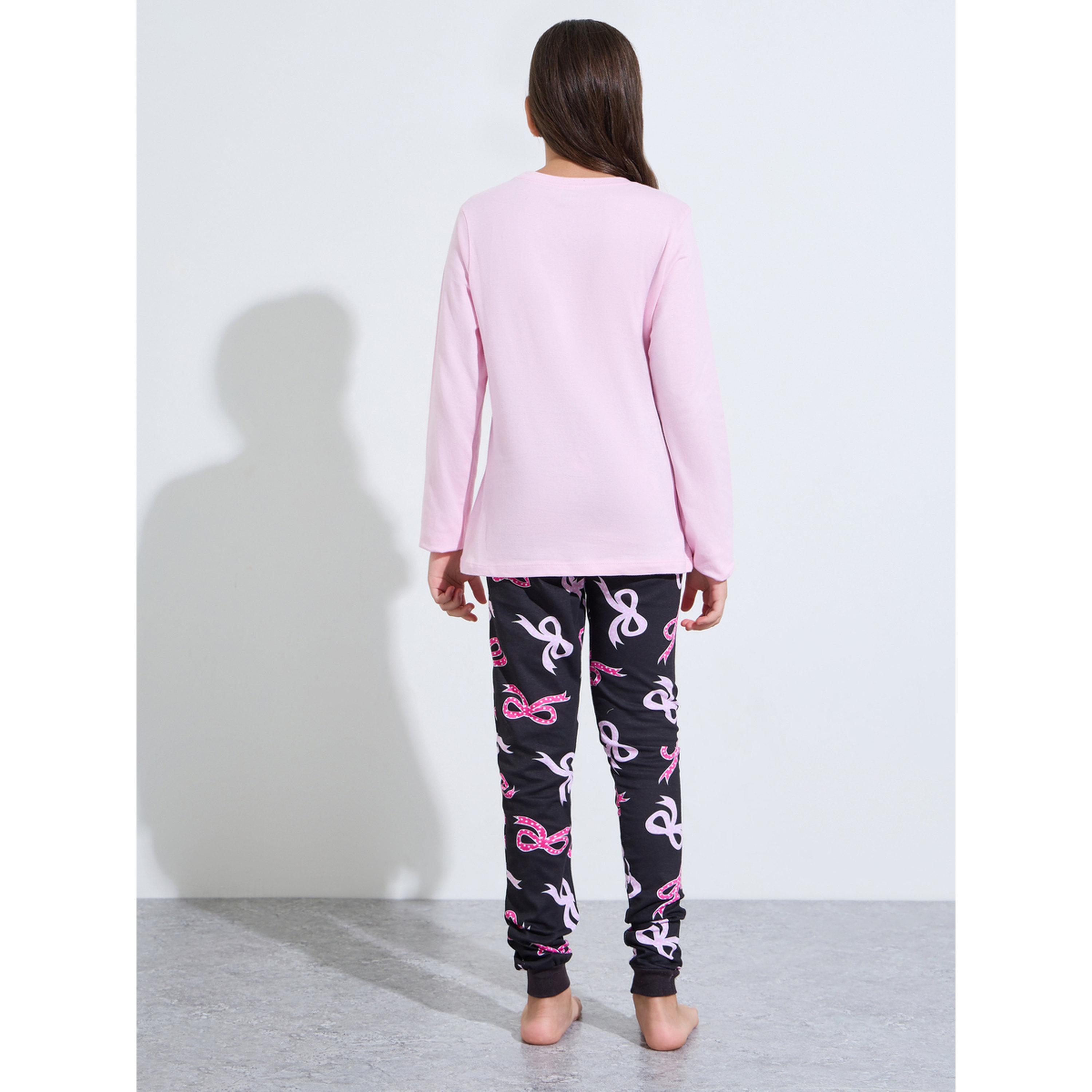 Styli Teen Girls Pink All Over Bow Print Sweatshirt and Black Cuffed Pants Pyjama Set-girls-clothing-nightwear-image-3
