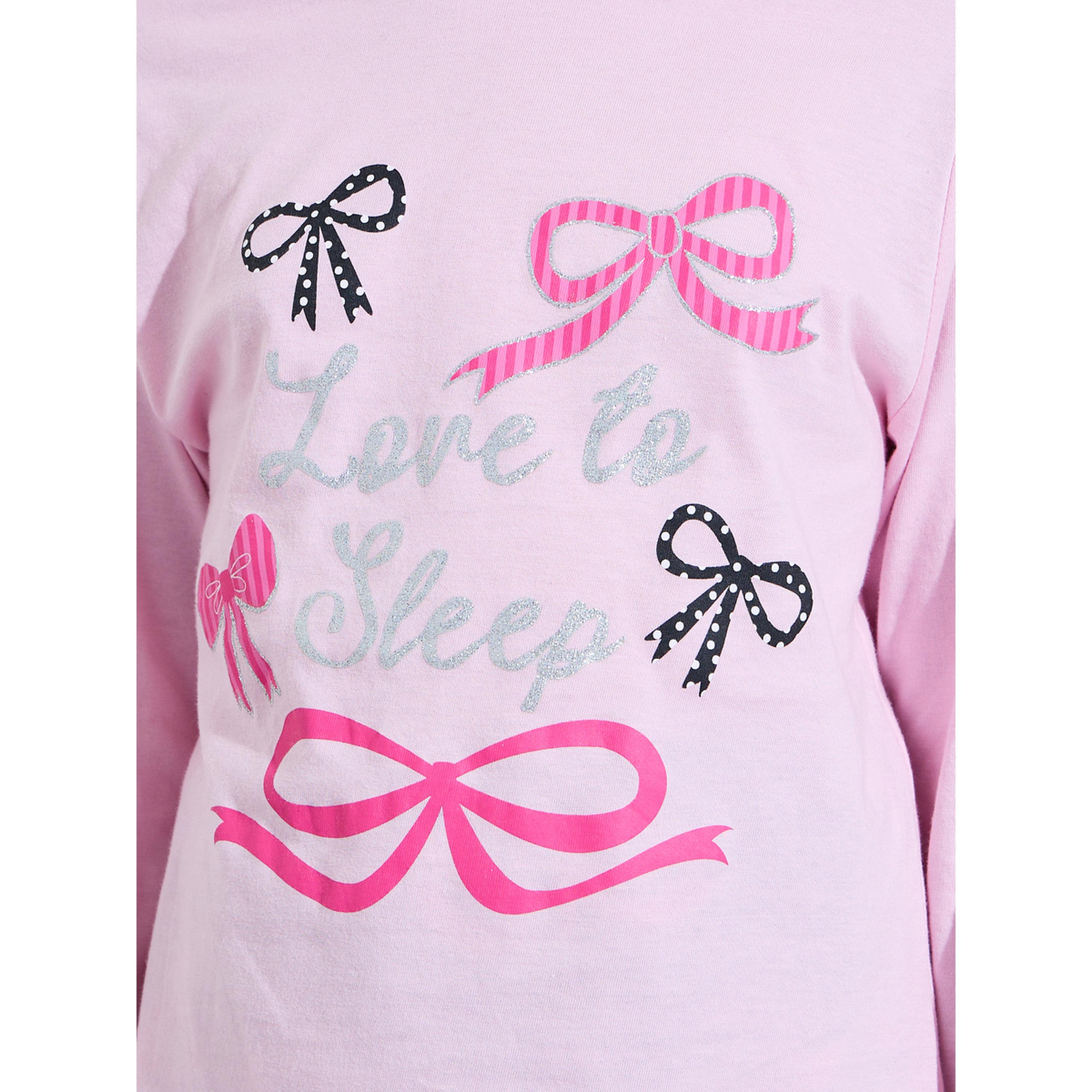 Styli Teen Girls Pink All Over Bow Print Sweatshirt and Black Cuffed Pants Pyjama Set-girls-clothing-nightwear-image-5