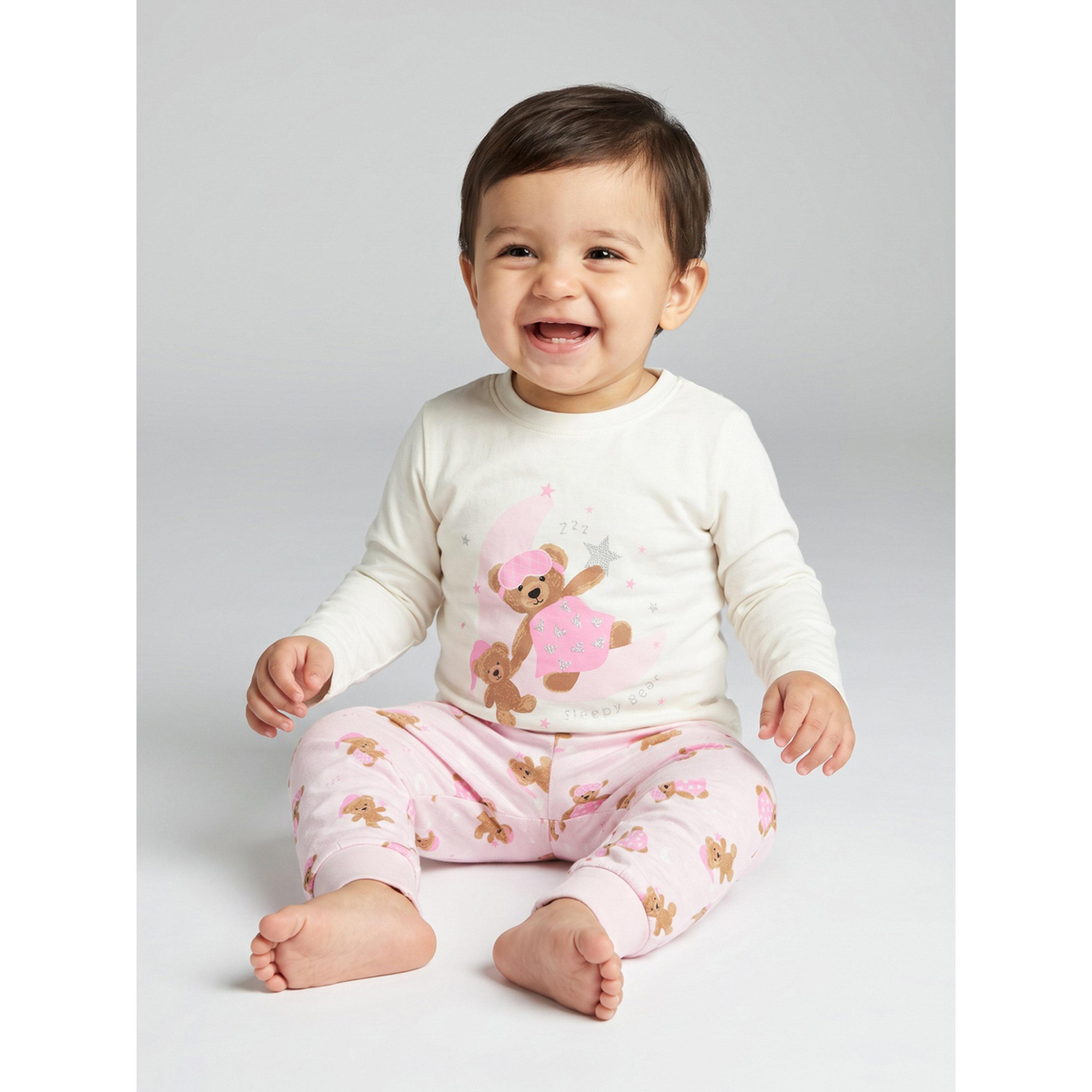 Styli Multi-Color Teddy Bear Print Long Sleeves T-Shirt and Cuffed Hem Pants Pyjama Set-girls-clothing-nightwear-image-2