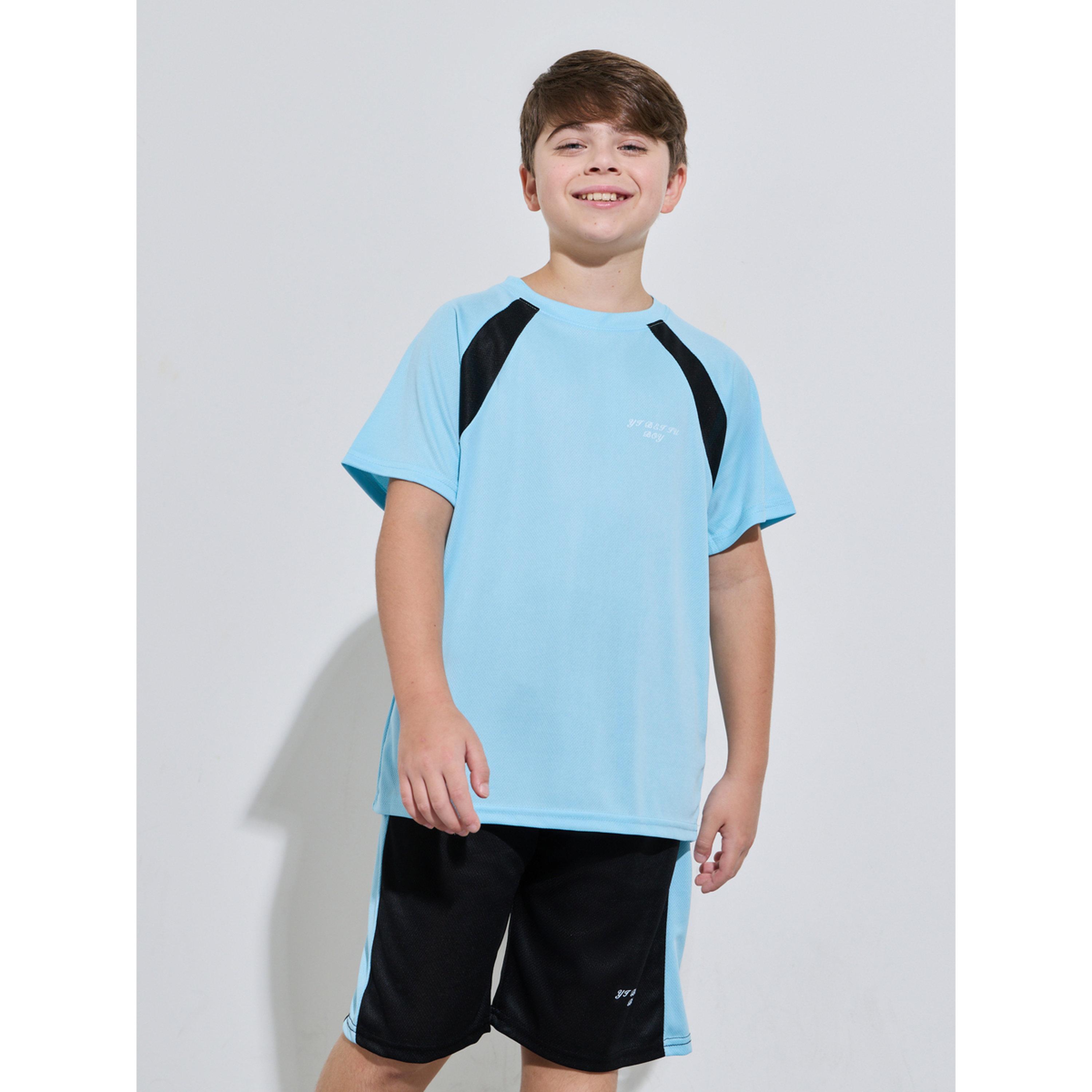 طقم من شورت وتيشيرت بأكمام ريجلان بنمط كتل الالوان أزرق للأولاد المراهقين-boys-clothing-setsandcoords-image-1