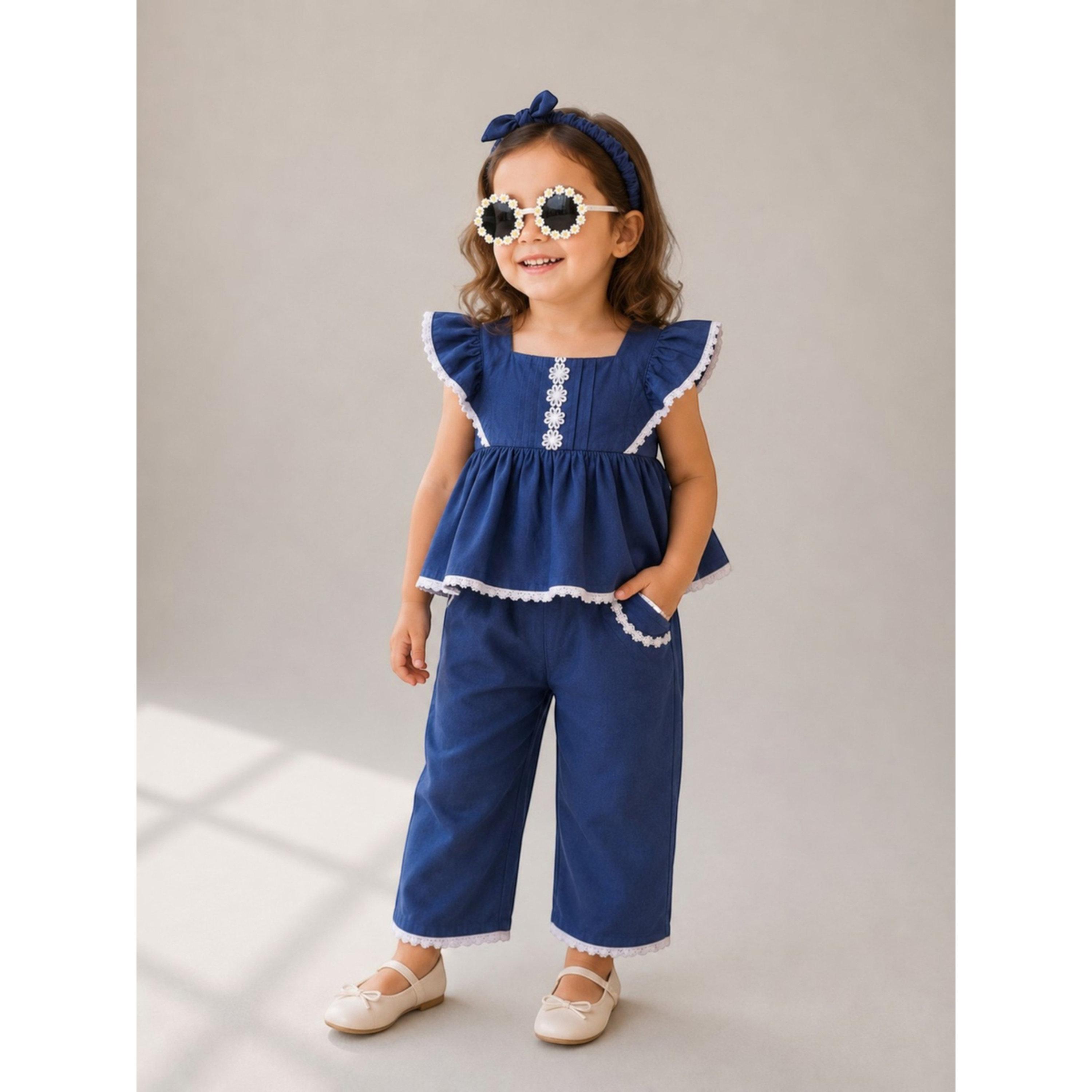 مجموعة من بنطال وبلوزة قطن بدون أكمام وشريط رأس ونظارة للبنات 4 قطع-girls-clothing-setsandcoords-image-1