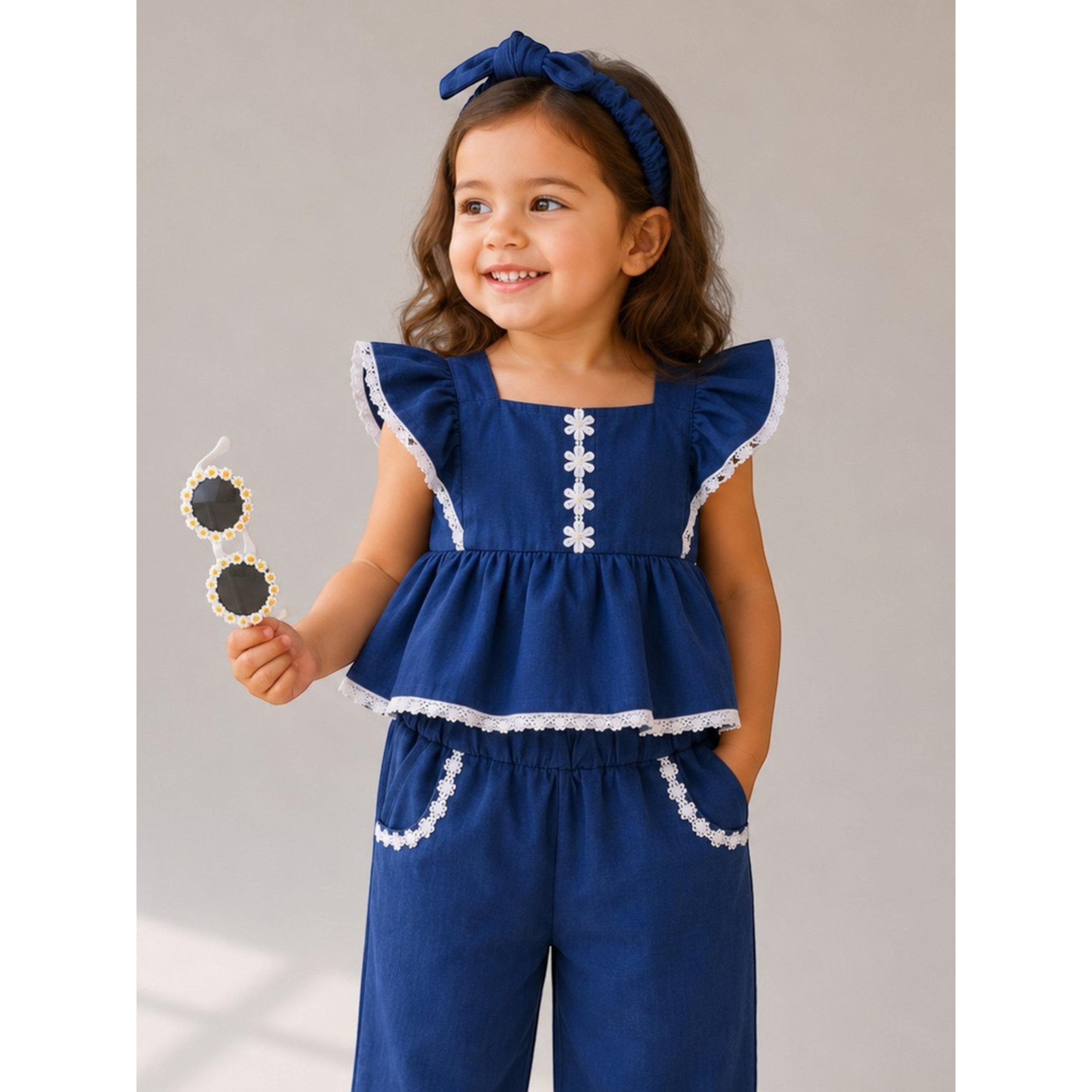 مجموعة من بنطال وبلوزة قطن بدون أكمام وشريط رأس ونظارة للبنات 4 قطع-girls-clothing-setsandcoords-image-2