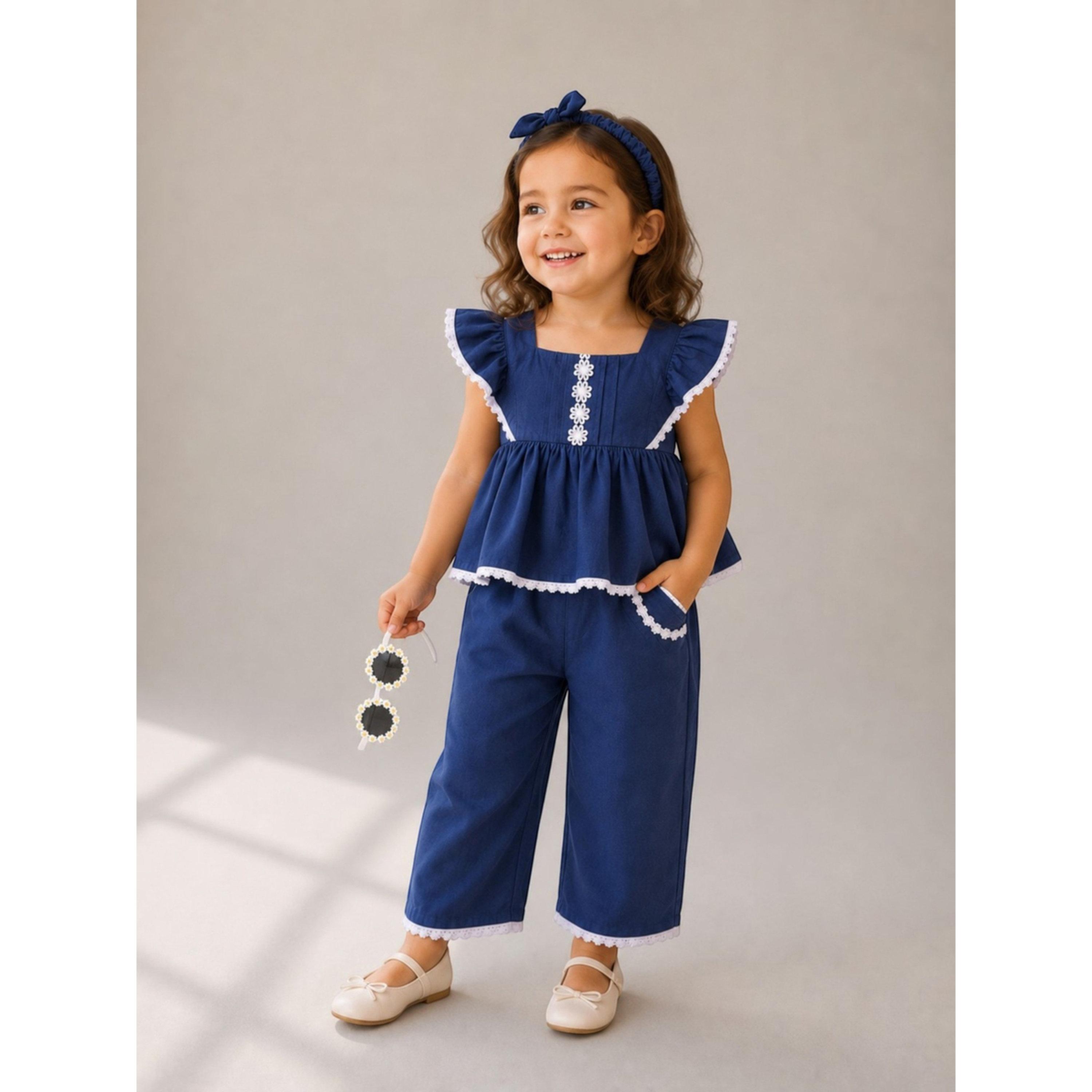 مجموعة من بنطال وبلوزة قطن بدون أكمام وشريط رأس ونظارة للبنات 4 قطع-girls-clothing-setsandcoords-image-4