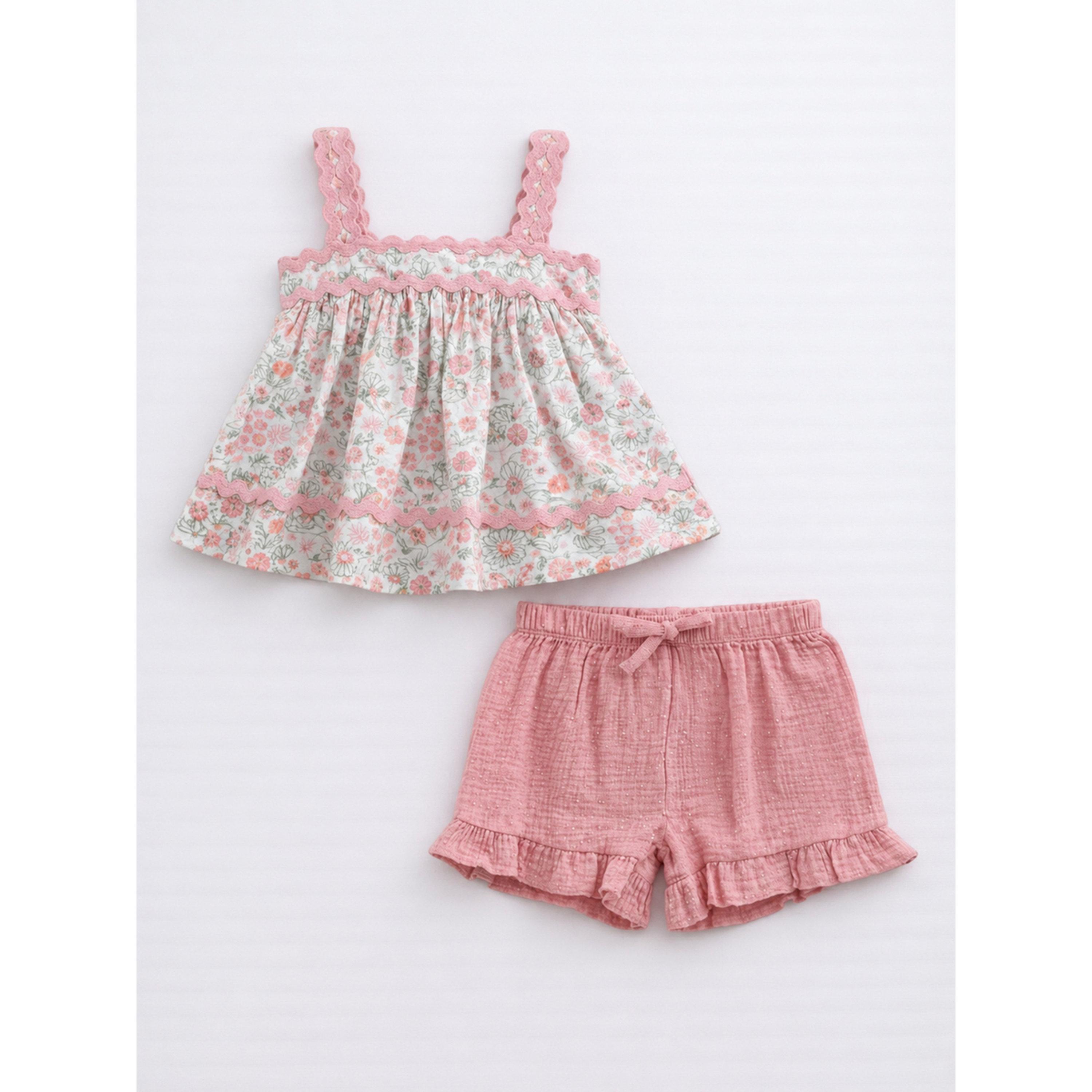 مجموعة من شورت وبلوزة قطن بدون أكمام وشريط رأس ونظارة للبنات 4 قطع-girls-clothing-setsandcoords-image-5