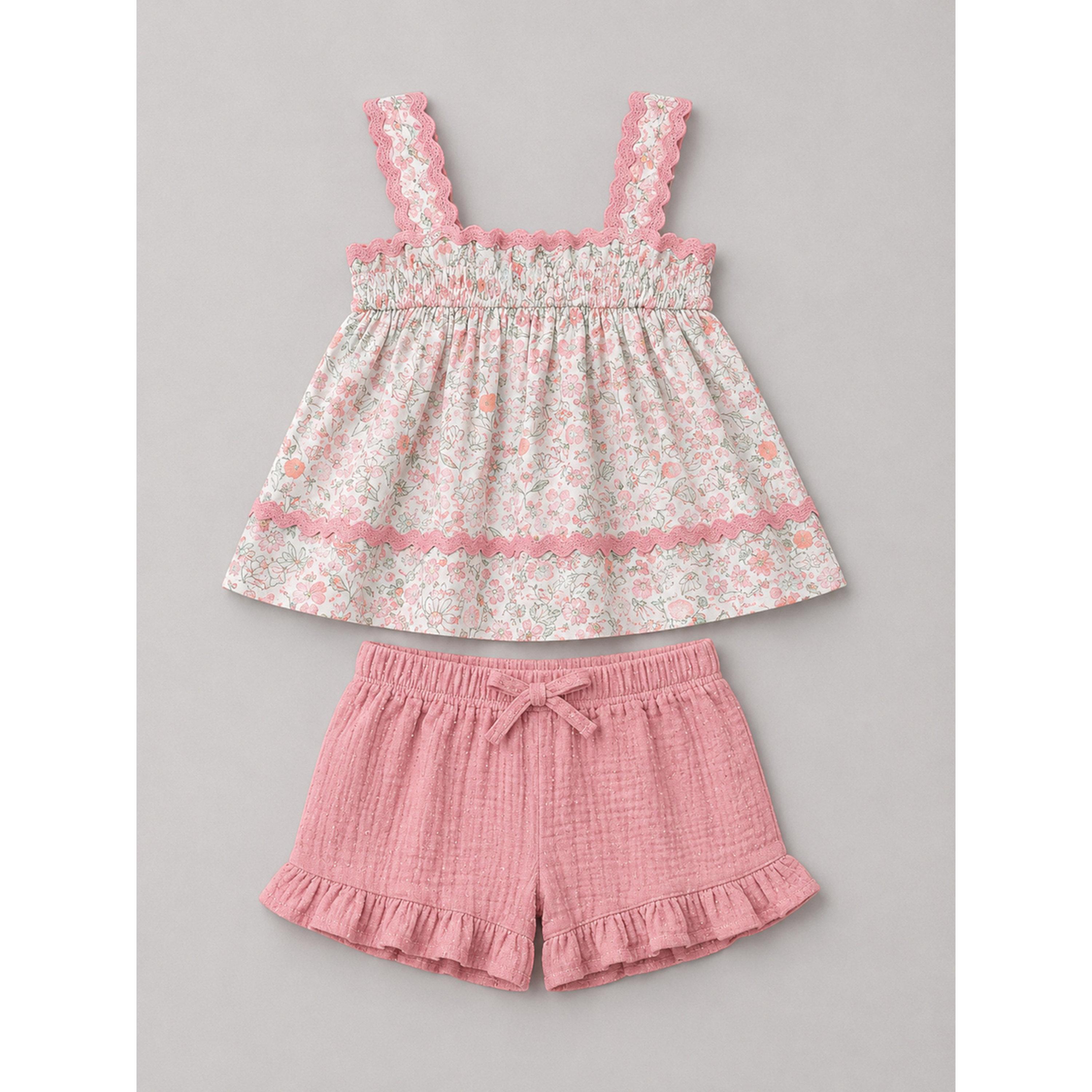 مجموعة من شورت وبلوزة قطن بدون أكمام وشريط رأس ونظارة للبنات 4 قطع-girls-clothing-setsandcoords-image-6
