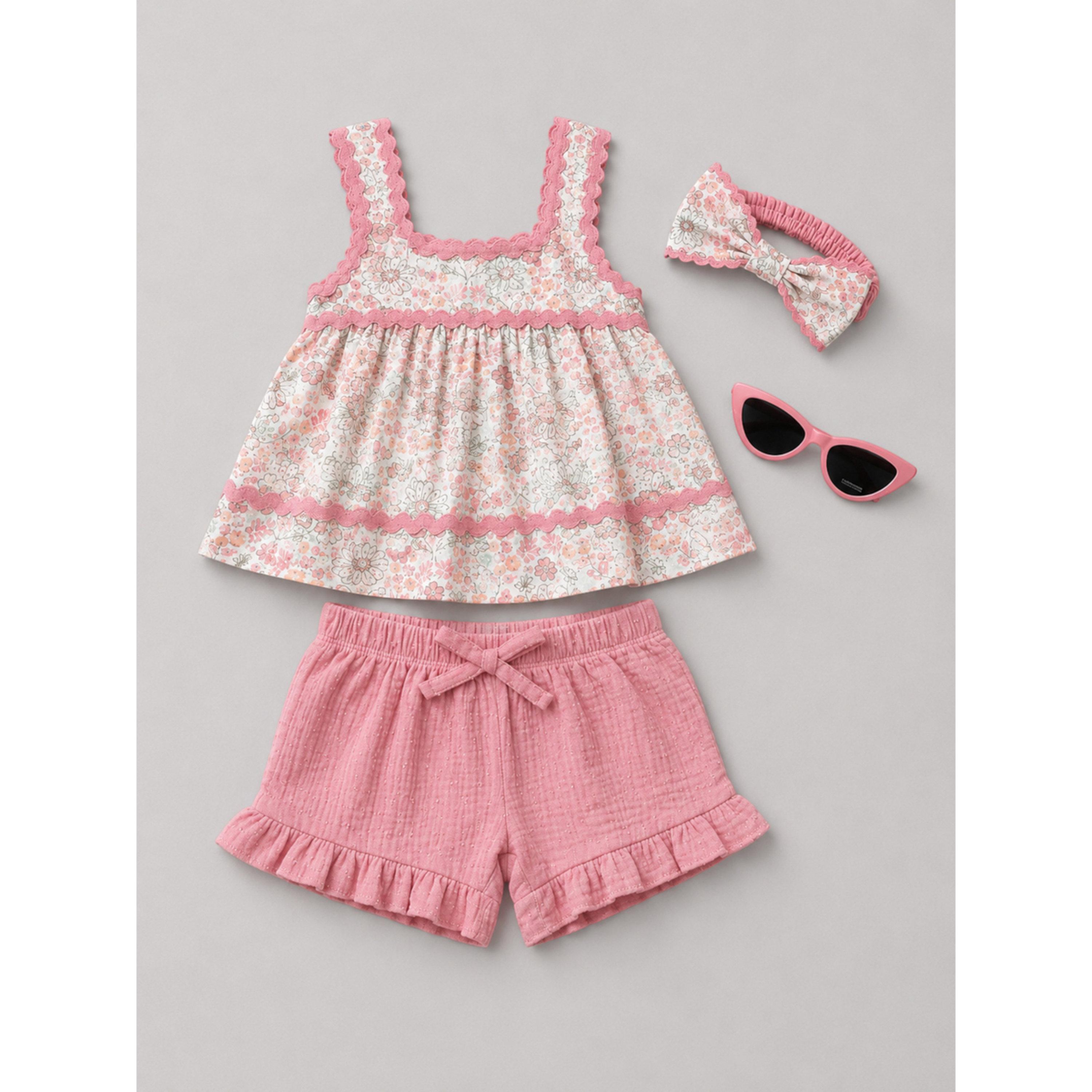 مجموعة من شورت وبلوزة قطن بدون أكمام وشريط رأس ونظارة للبنات 4 قطع-girls-clothing-setsandcoords-image-7