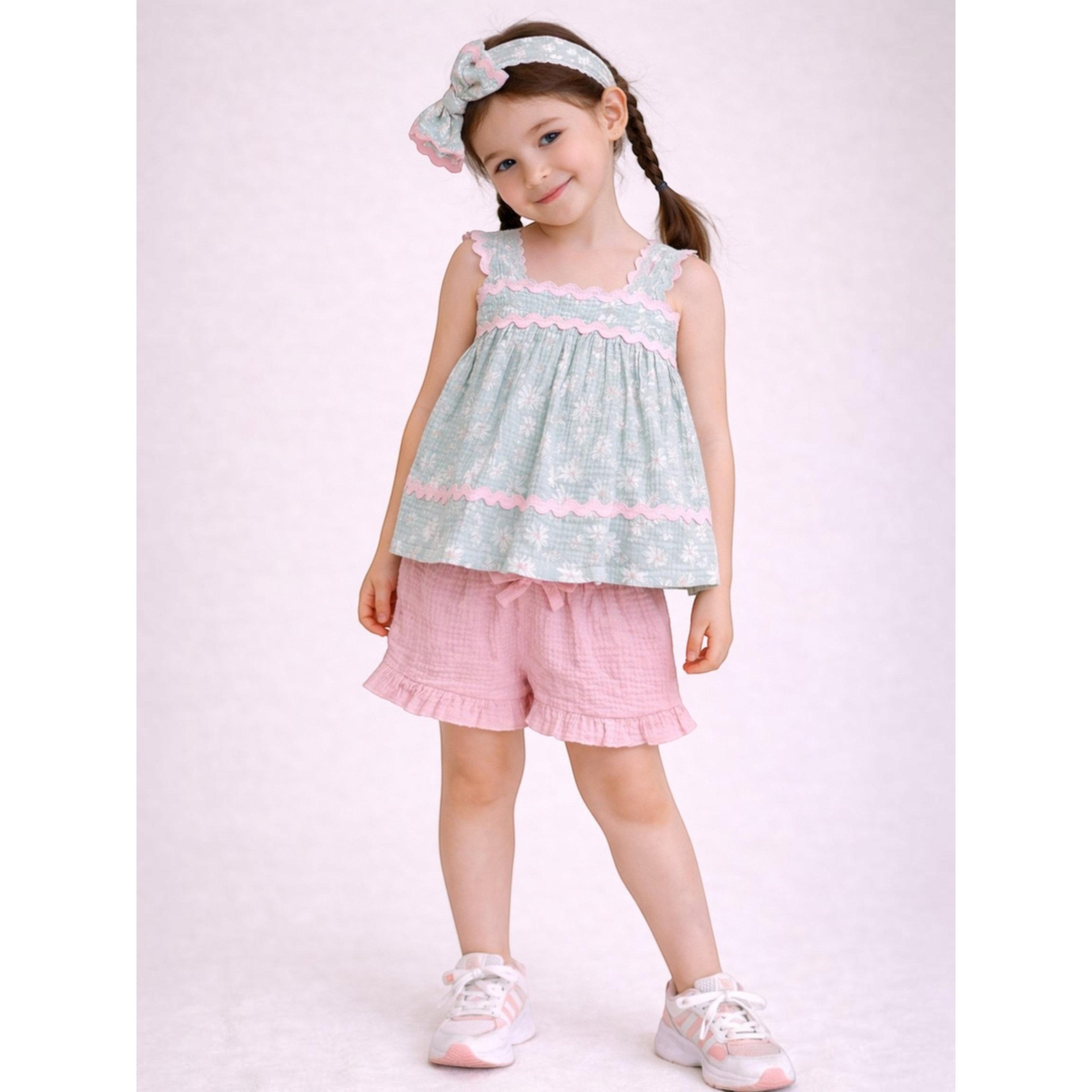 مجموعة من شورت وبلوزة قطن بدون أكمام وشريط رأس ونظارة للبنات 4 قطع-girls-clothing-setsandcoords-image-2