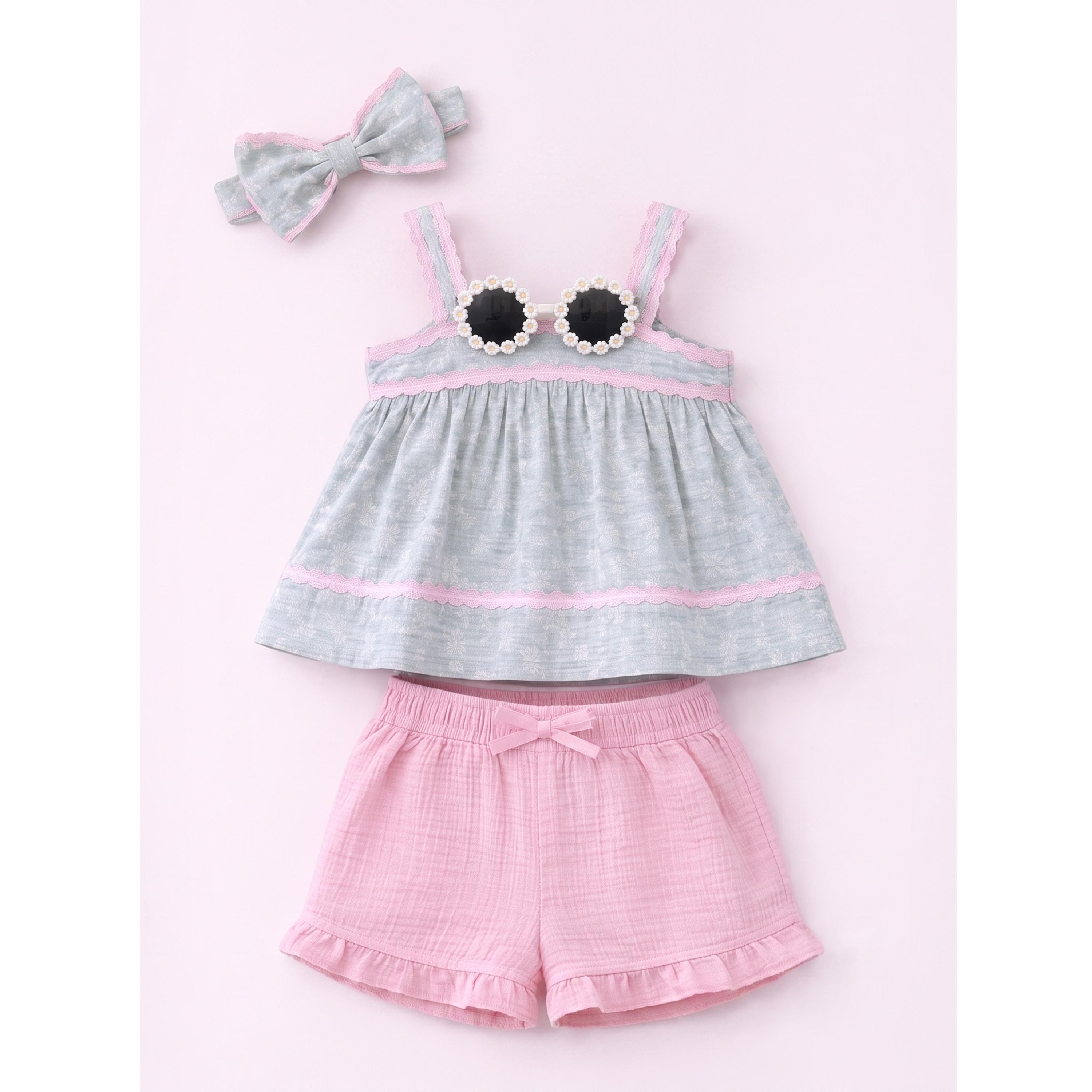 مجموعة من شورت وبلوزة قطن بدون أكمام وشريط رأس ونظارة للبنات 4 قطع-girls-clothing-setsandcoords-image-3